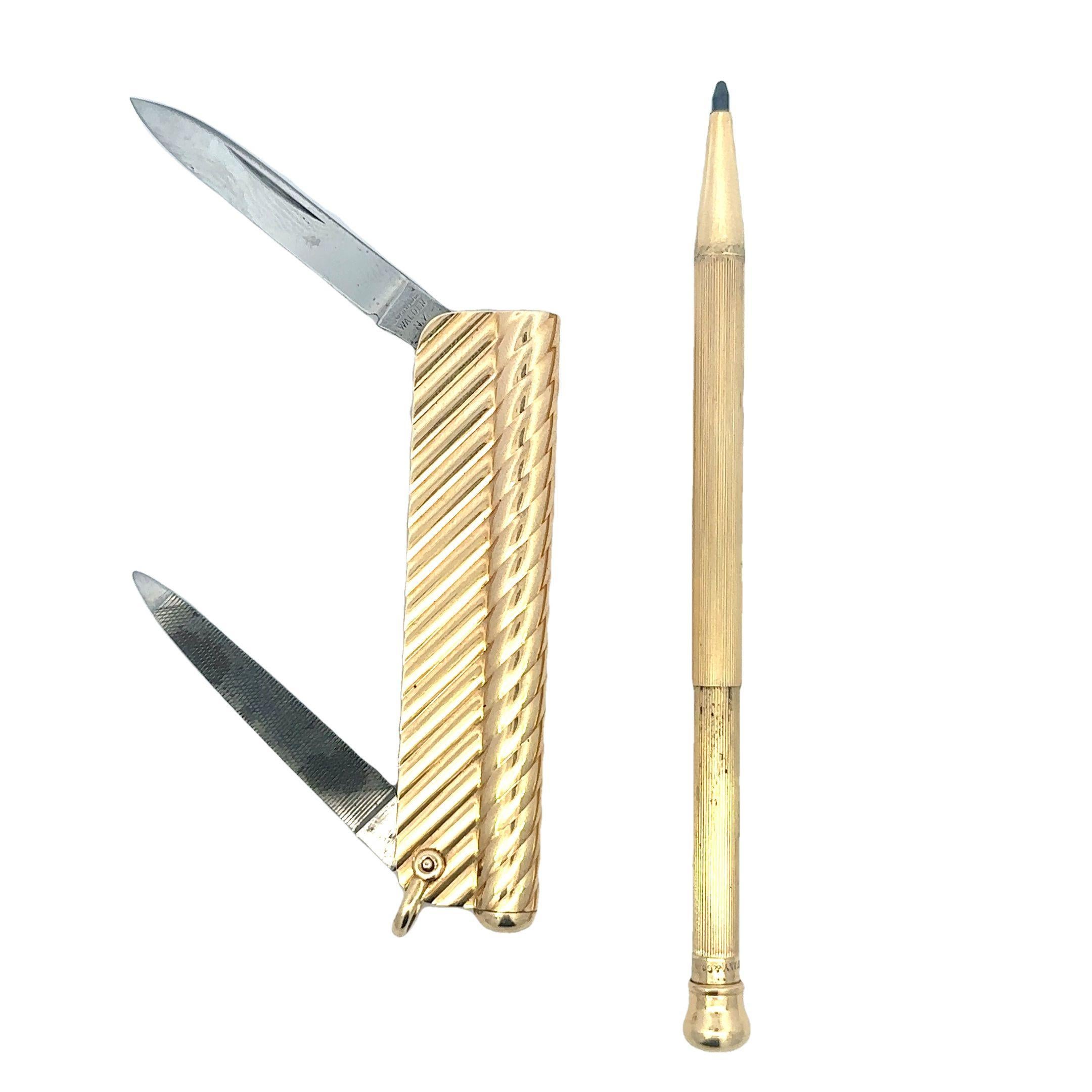 Modern Vintage Tiffany and Co Pocket Knife and Extendable Working Pencil in 14K Gold