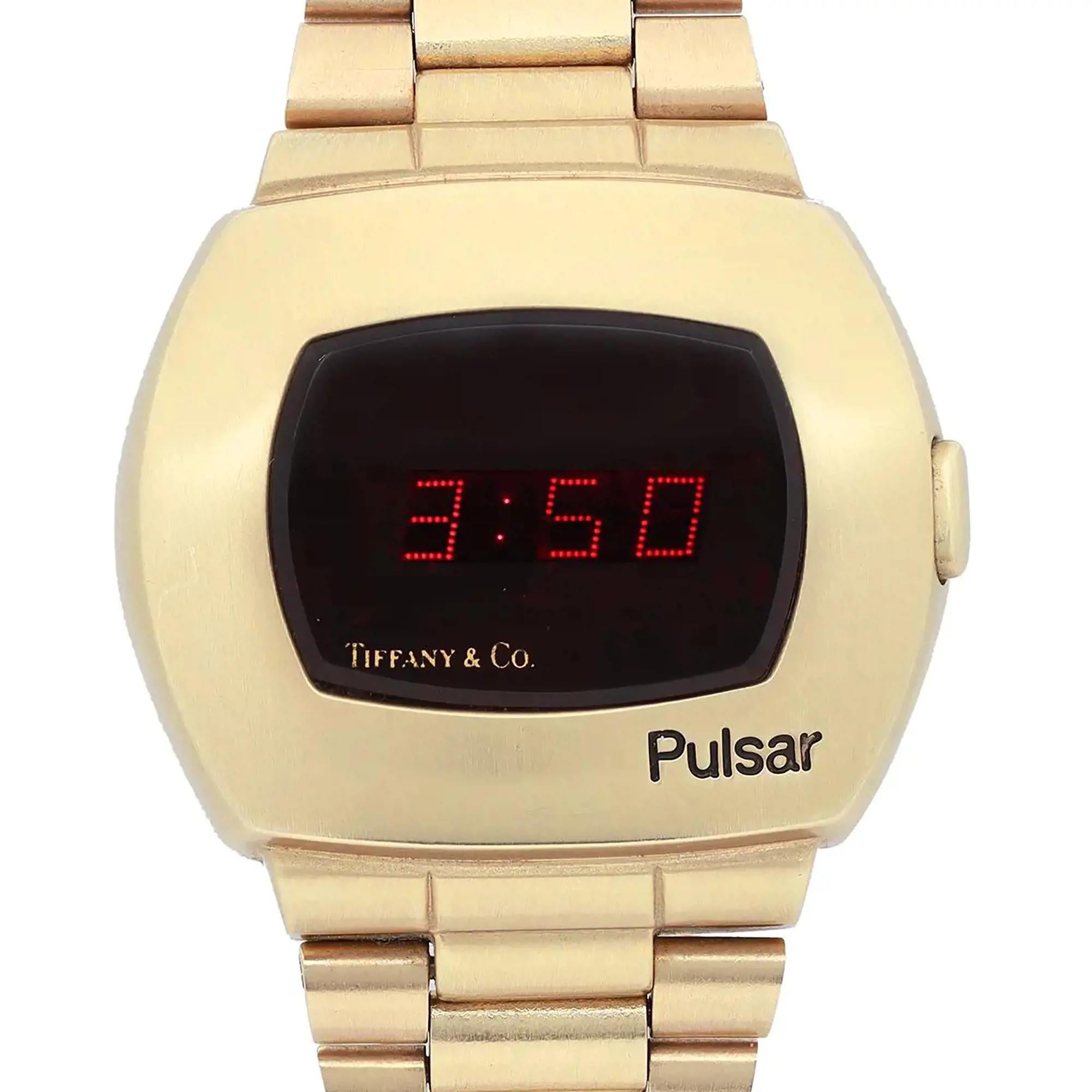 This beautiful vintage watch was first introduced in the early 1970s. The 14k yellow gold version of the Pulsar P2 makes it a very rear and highly sought-after timepiece. Tiffany & Co logo on the crystal. Highly collectible watch. Comes with papers,
