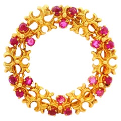 Vintage Tiffany and Co. Ruby 18K Yellow Gold Wreath Brooch