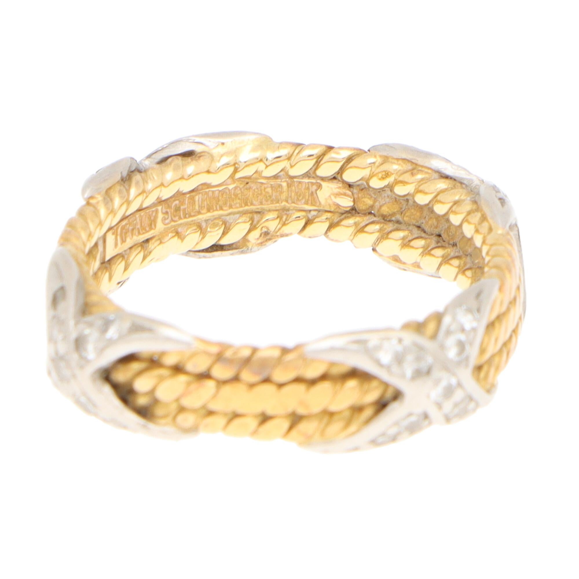 Round Cut Vintage Tiffany & Co. Schlumberger Three Rope X Ring in Gold and Platinum