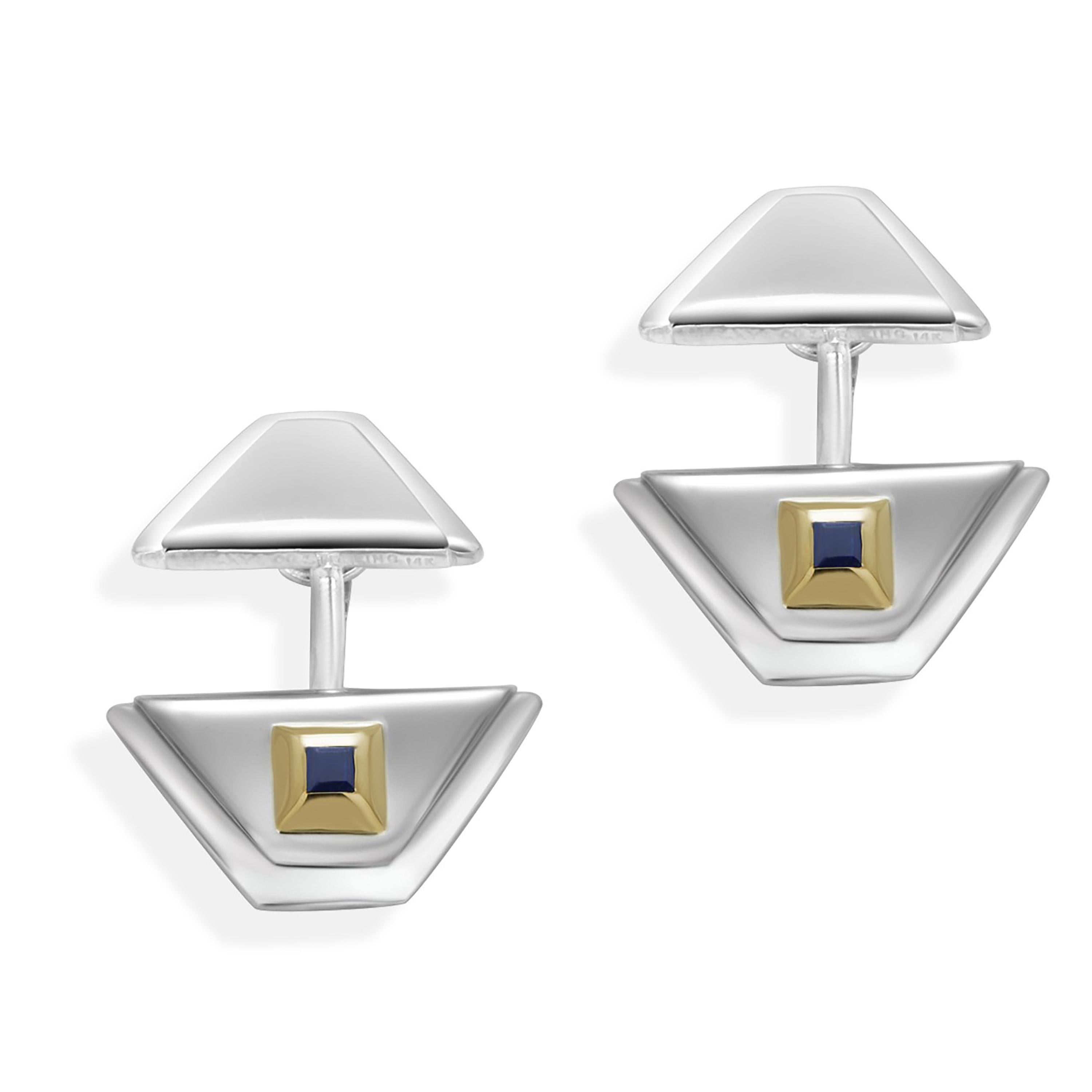 Square Cut Vintage Tiffany and Co Sterling Silver 14 Karat Yellow Gold Sapphire Cufflinks