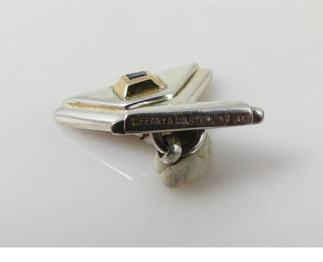 Vintage Tiffany and Co Sterling Silver 14 Karat Yellow Gold Sapphire Cufflinks In Good Condition In New York, NY