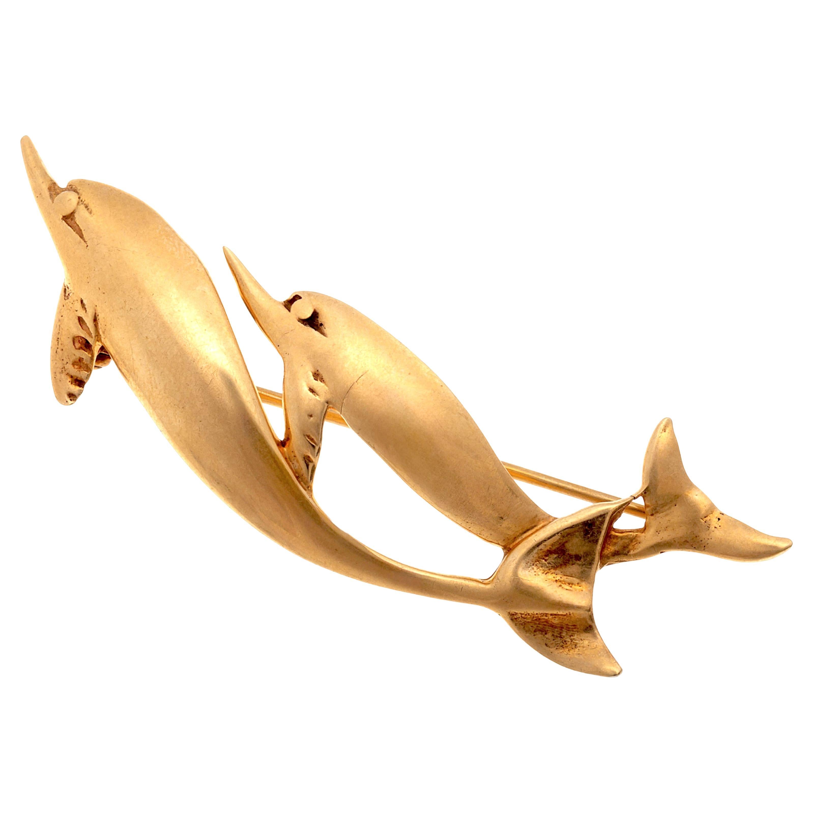 Vintage Tiffany and Company 14 Karat Yellow Gold Two Swimming Dolphins 2.4 Inch