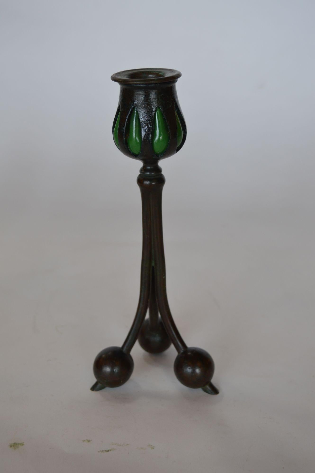 Beautiful Vintage Tiffany Bronze & Green Favrile Glass Candlesticks.