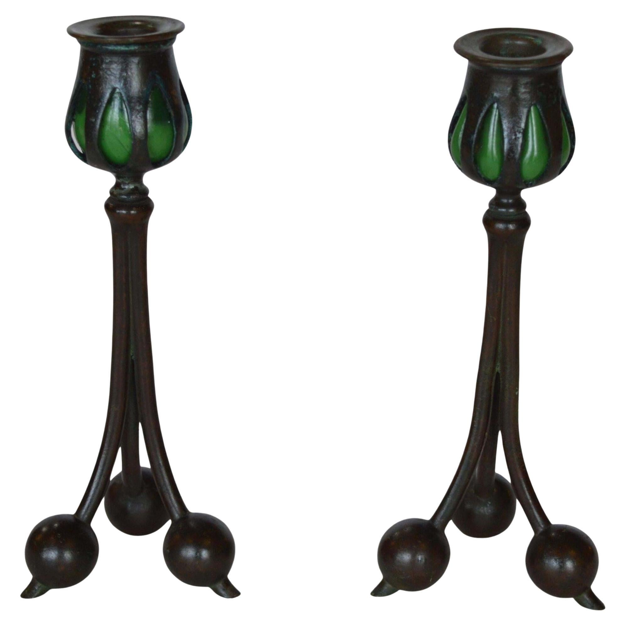 Vintage Tiffany Bronze & Green Favrile Glass Candlesticks For Sale