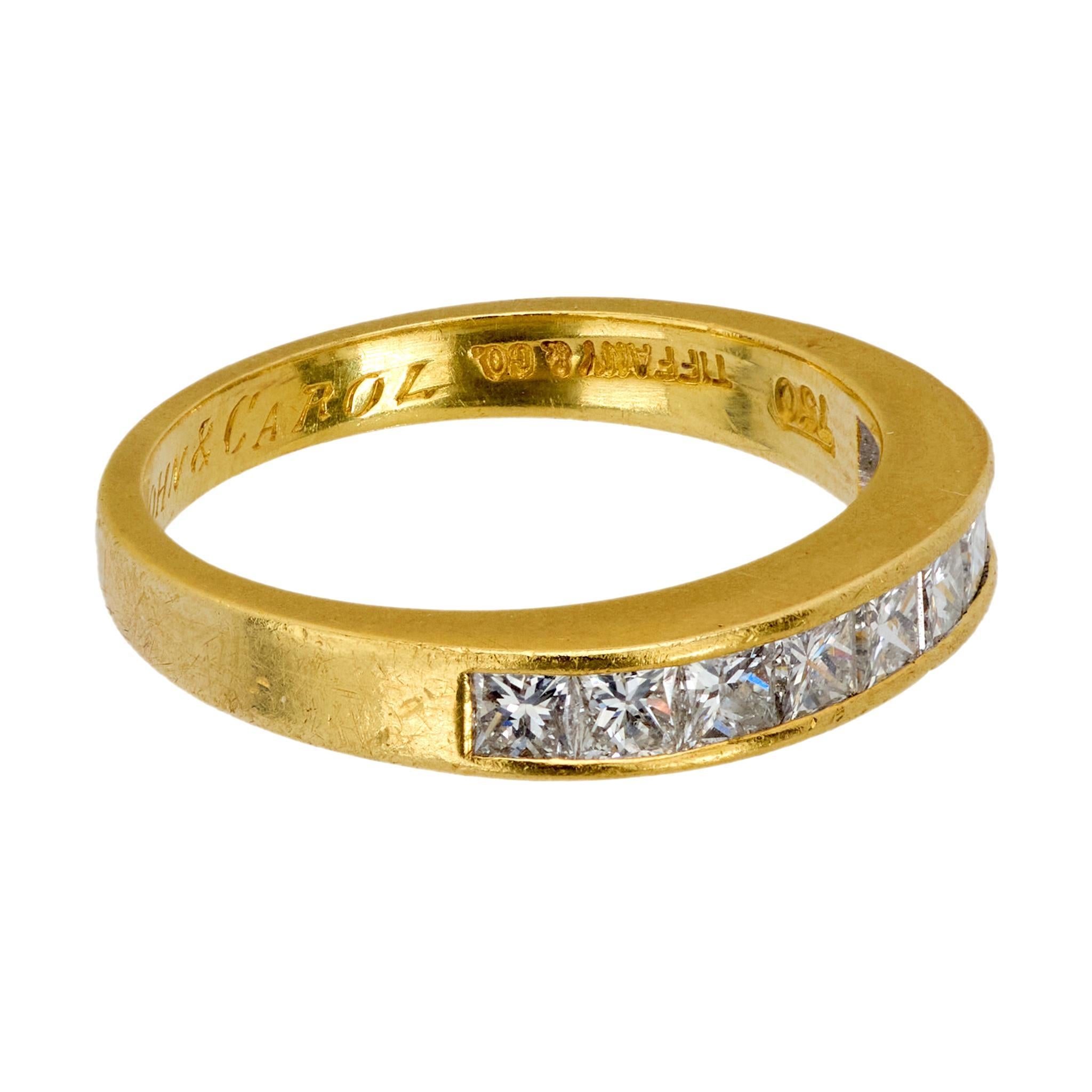 Princess Cut Vintage Tiffany & Co. 0.81 carat diamond 18k yellow gold wedding band For Sale
