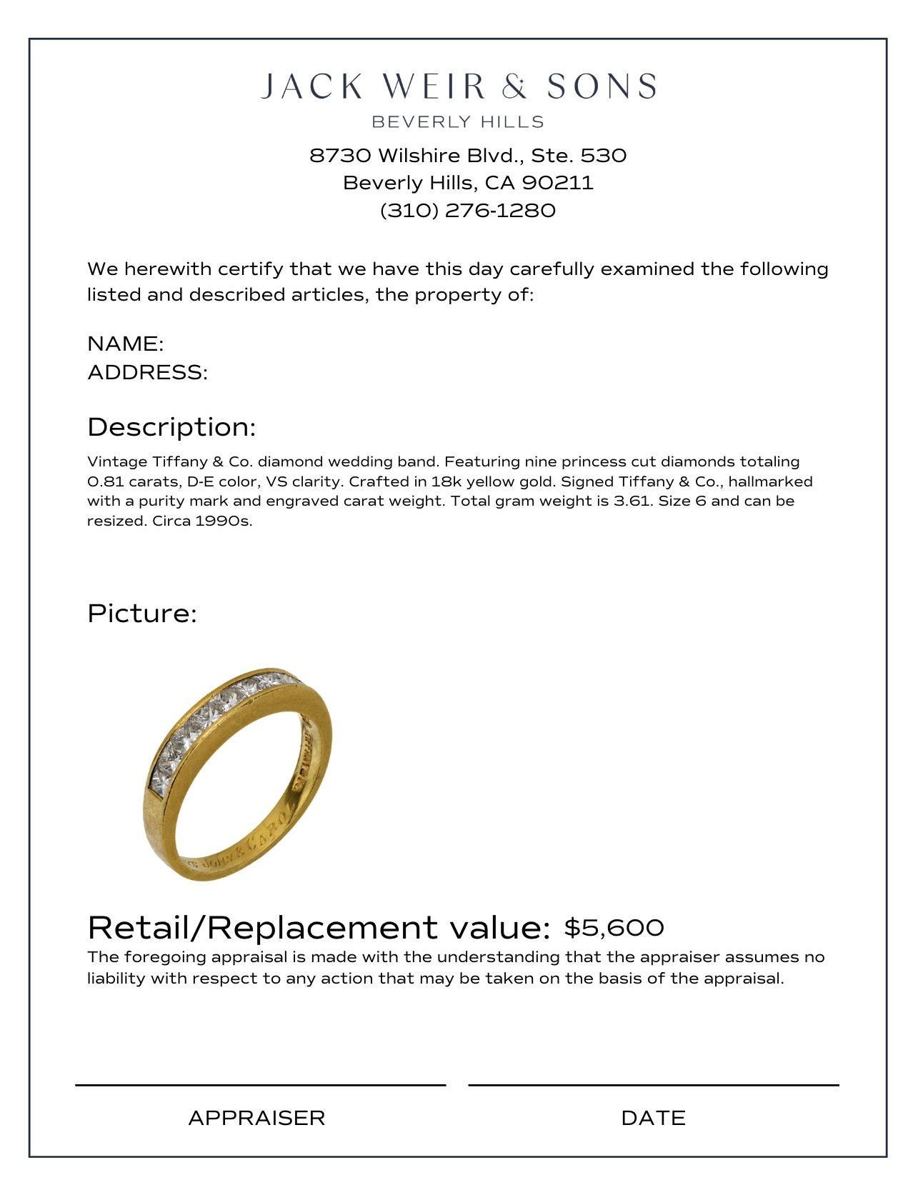 Vintage Tiffany & Co. 0.81 carat diamond 18k yellow gold wedding band In Excellent Condition For Sale In Beverly Hills, CA
