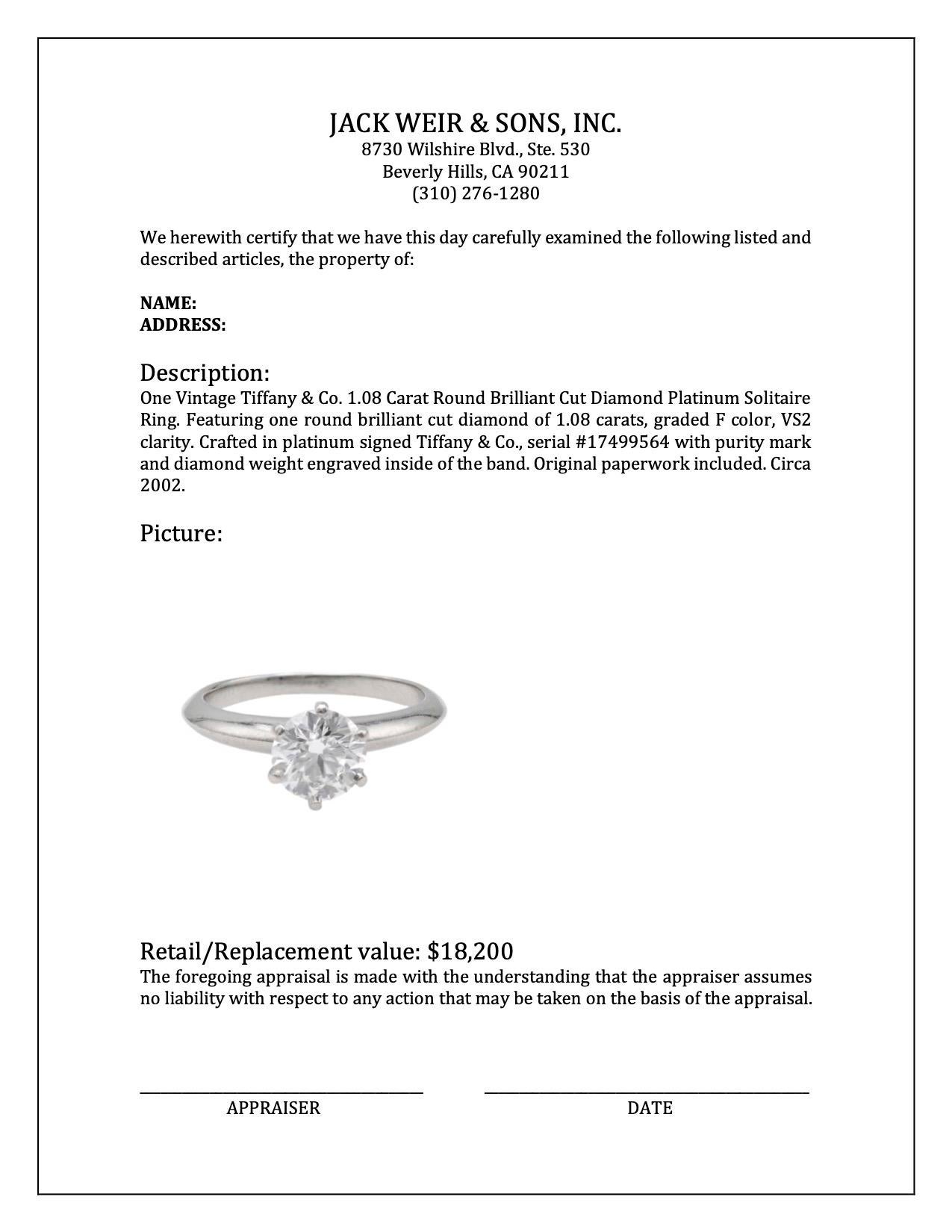 Vintage Tiffany & Co. 1.08 Carat Round Brilliant Cut Diamond Platinum Solitaire  2