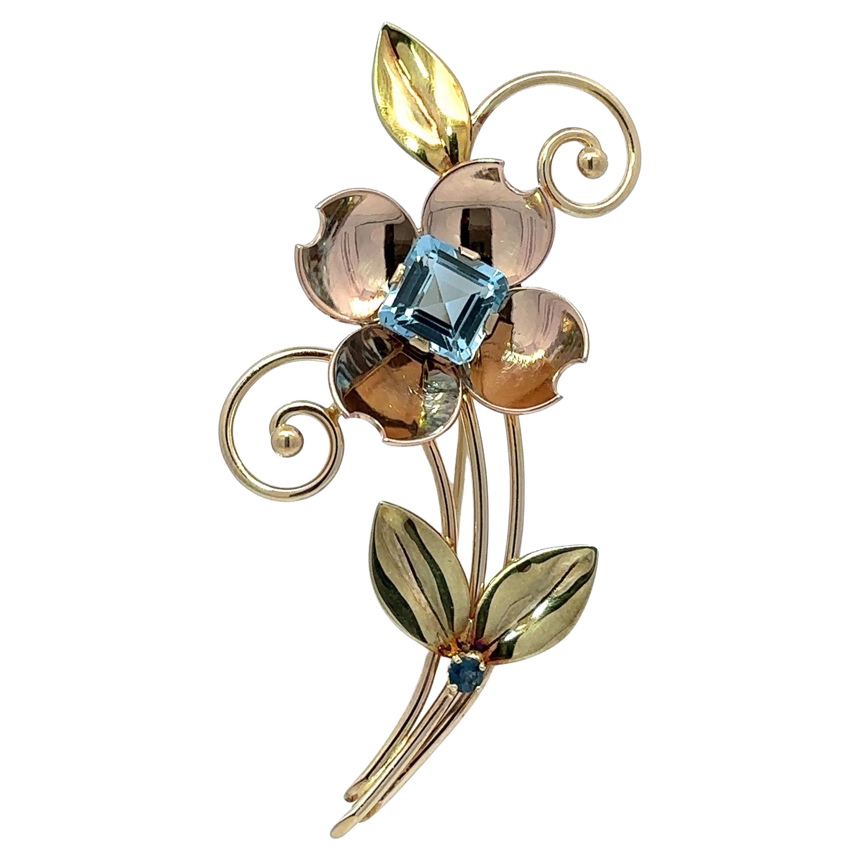 Vintage Tiffany & Co. 14k Rose & Green Gold Sapphire w/ Aquamarine Flower Brooch