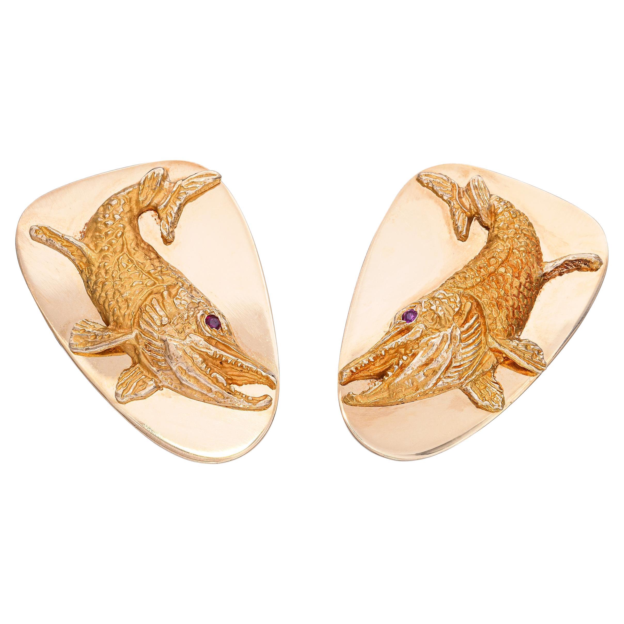 Gemelli vintage Tiffany & Co. in oro giallo 14k e rubino a forma di pesce muschiato