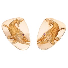 Vintage Tiffany & Co. 14k Yellow Gold and Ruby Muskellunge Fish Cufflinks