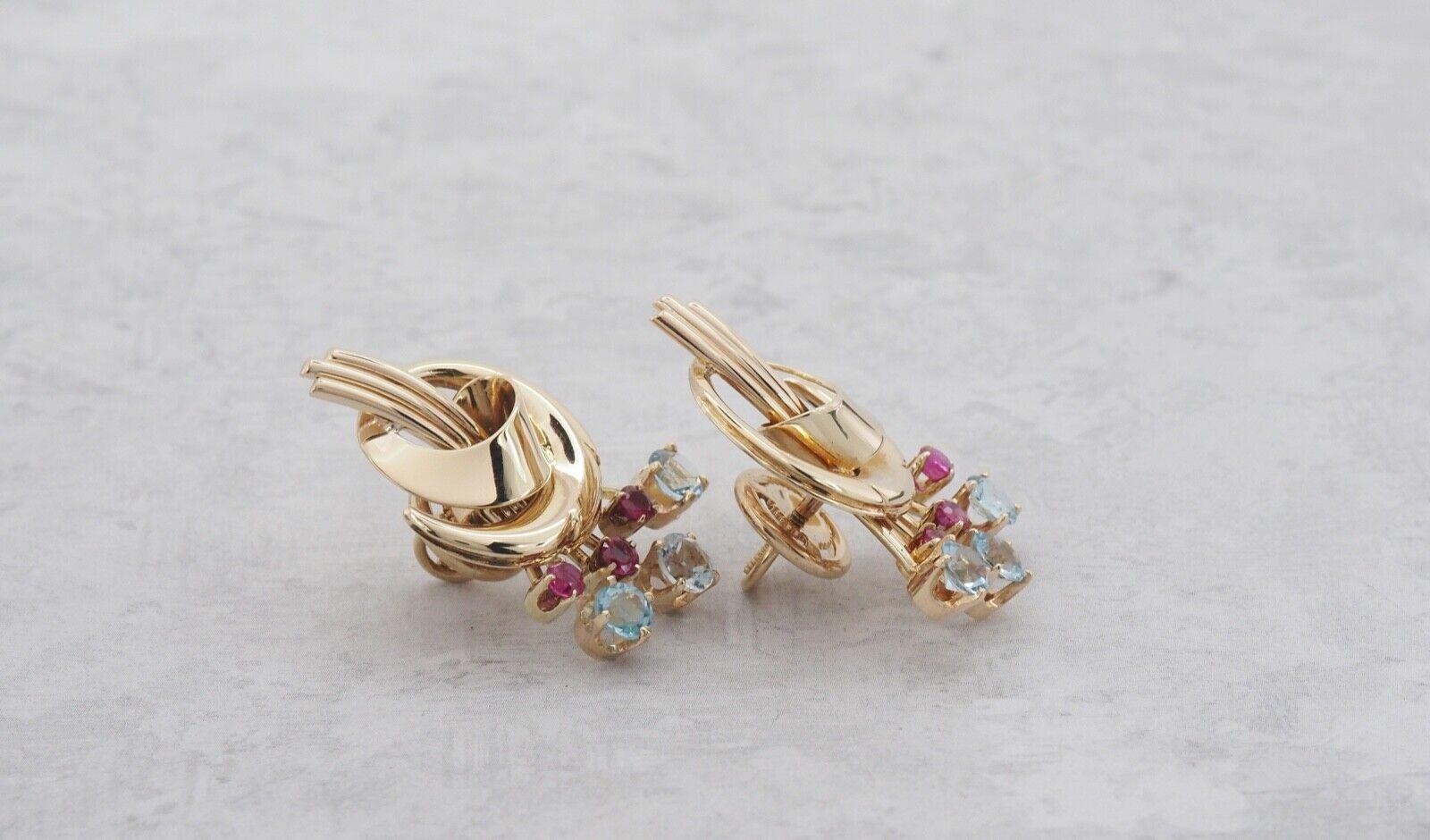 Vintage Tiffany & Co. 14k Gelbgold Aquamarin- und Rubin-Ohrringe, 13,7 g, Vintage (Rundschliff) im Angebot