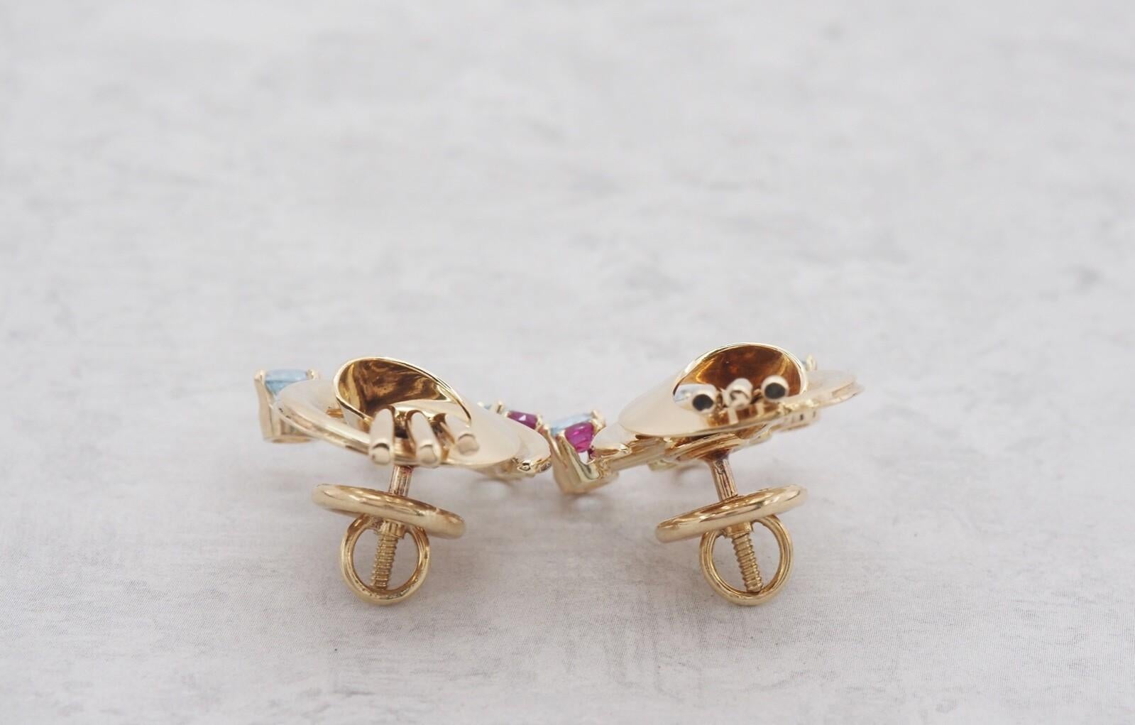 Vintage Tiffany & Co. 14k Gelbgold Aquamarin- und Rubin-Ohrringe, 13,7 g, Vintage im Zustand „Gut“ im Angebot in Providence, RI
