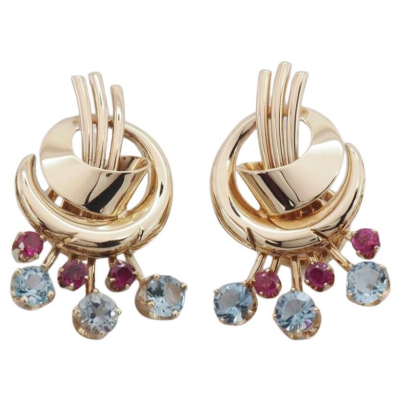 Vintage Tiffany & Co. 14k Yellow Gold Aquamarine & Ruby Earrings, 13.7g