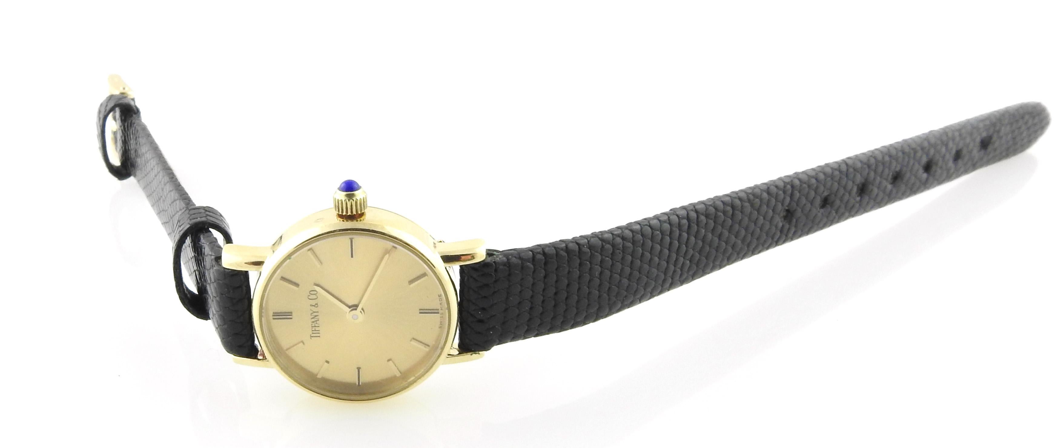 Vintage Tiffany & Co. 14K Yellow Gold Petite Ladies Watch Gold Dial Black Band 7