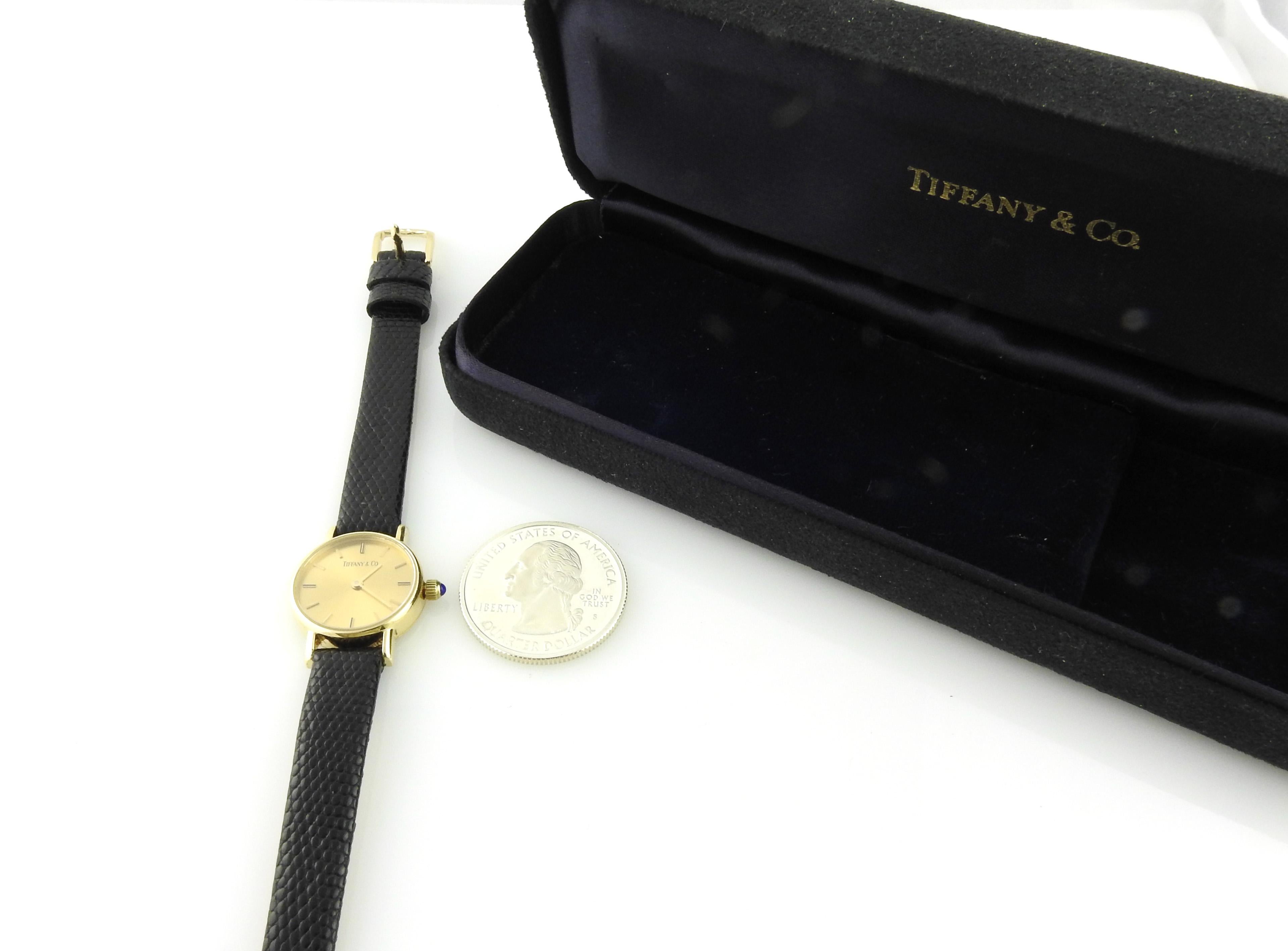 Vintage Tiffany & Co. 14K Yellow Gold Petite Ladies Watch Gold Dial Black Band 8