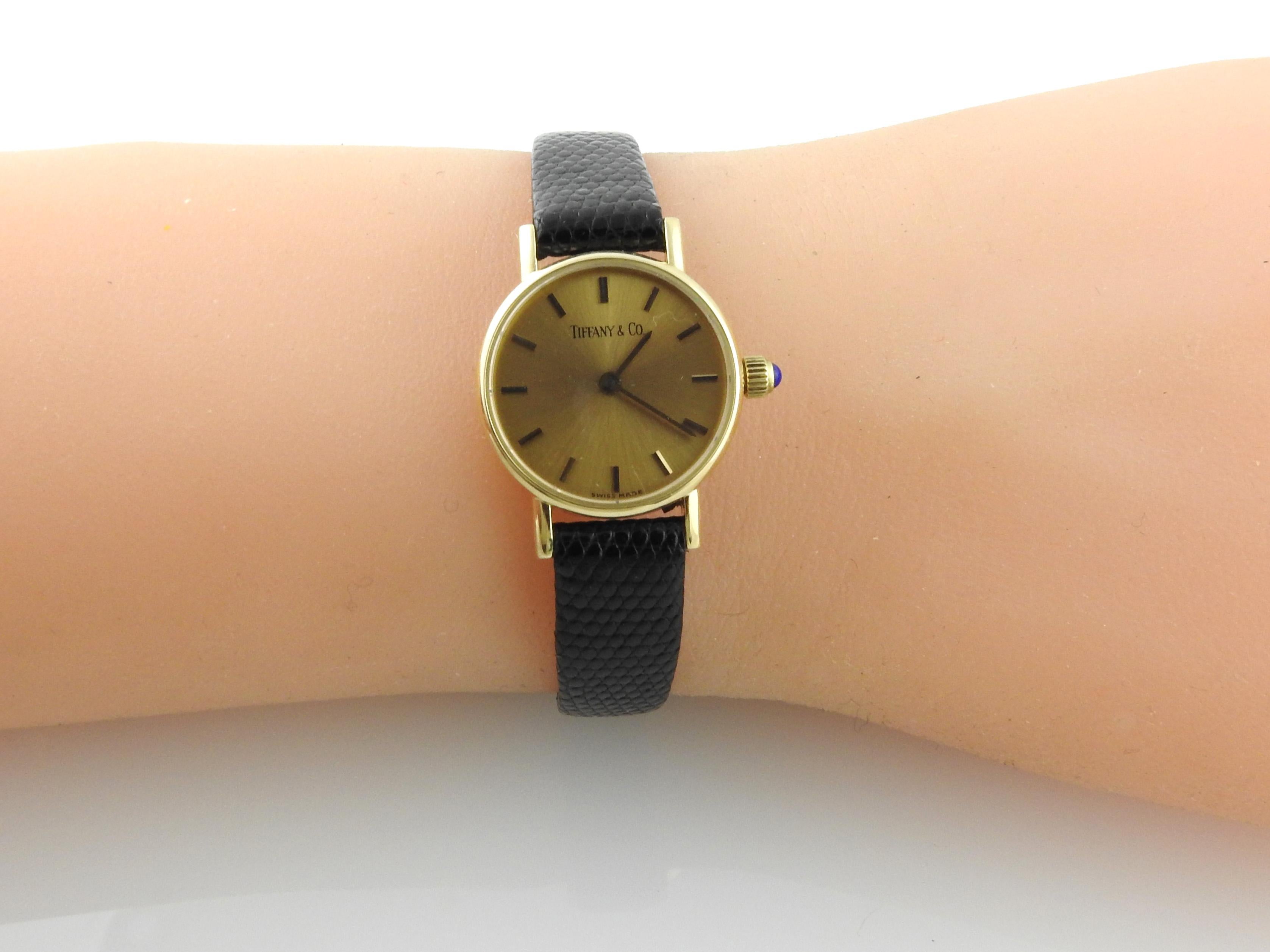 Vintage Tiffany & Co. 14K Yellow Gold Petite Ladies Watch Gold Dial Black Band In Good Condition In Washington Depot, CT