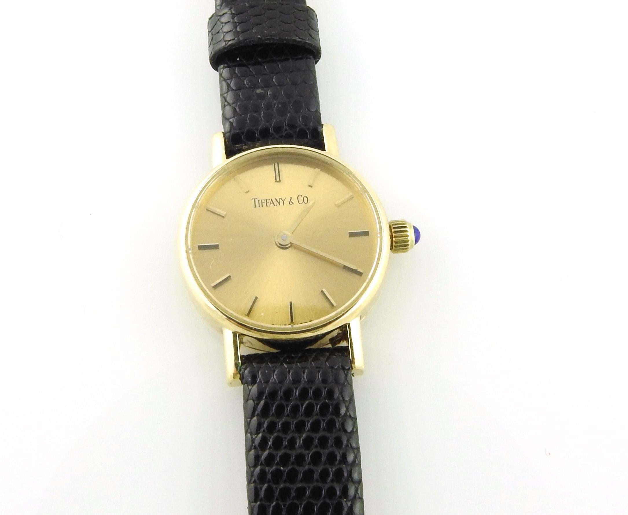Vintage Tiffany & Co. 14K Yellow Gold Petite Ladies Watch Gold Dial Black Band 1