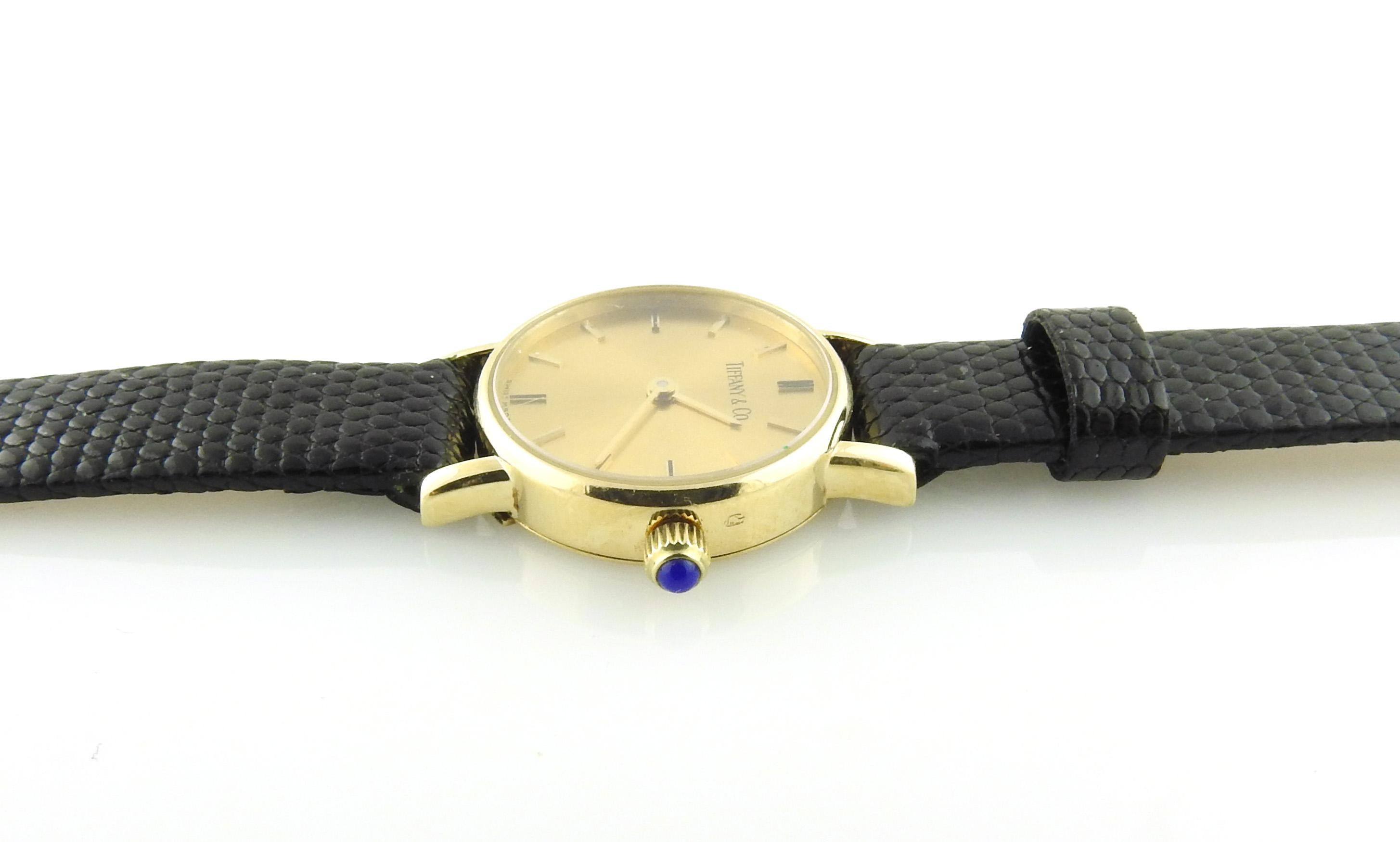 Vintage Tiffany & Co. 14K Yellow Gold Petite Ladies Watch Gold Dial Black Band 2