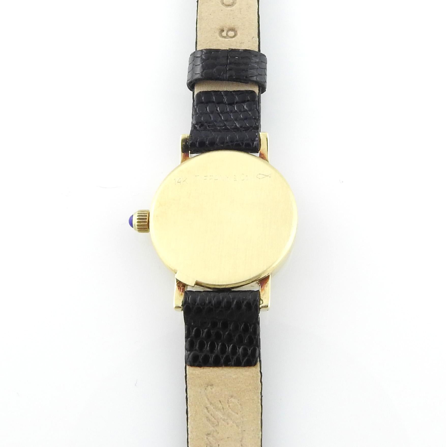 Vintage Tiffany & Co. 14K Yellow Gold Petite Ladies Watch Gold Dial Black Band 5