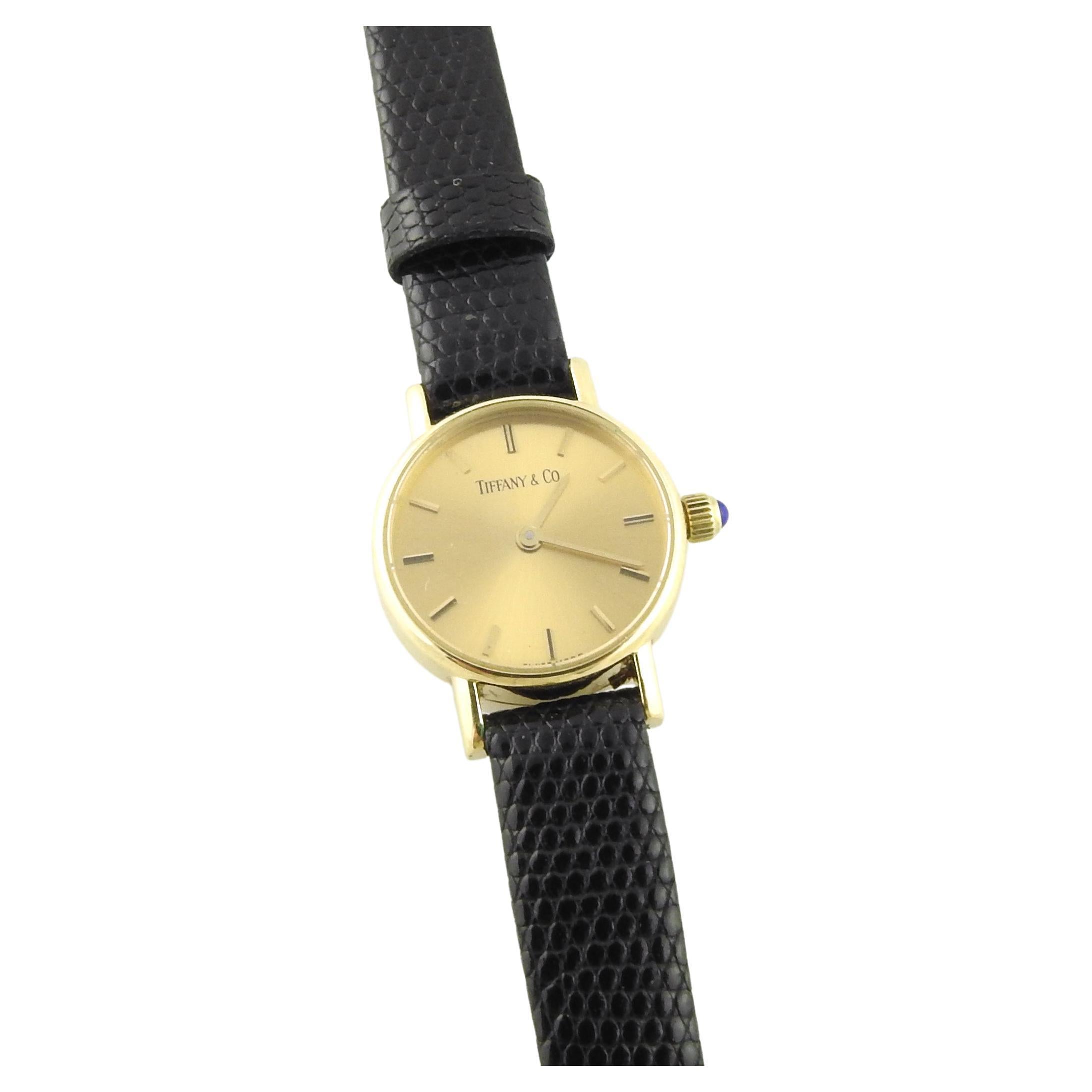 Vintage Tiffany & Co. 14K Yellow Gold Petite Ladies Watch Gold Dial Black Band