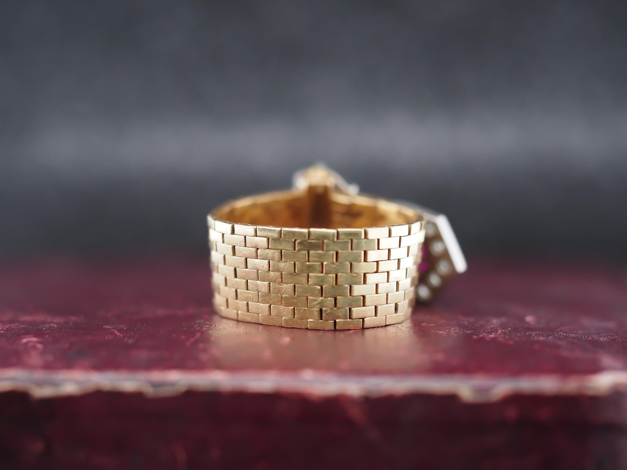 Women's or Men's Vintage Tiffany & Co. 14K Yellow Gold Ruby and Diamond Adjustable Belt Ring