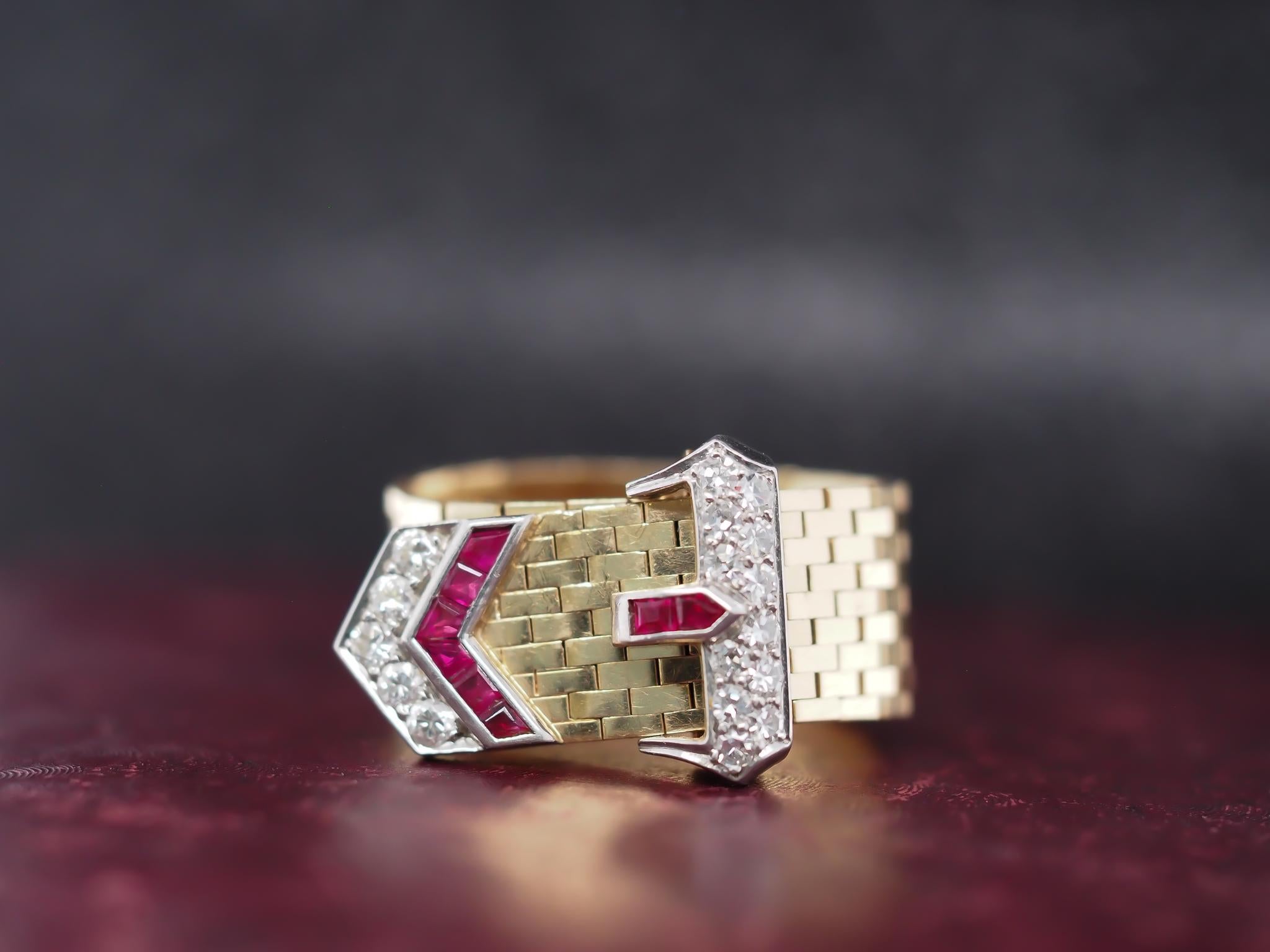 Vintage Tiffany & Co. 14K Yellow Gold Ruby and Diamond Adjustable Belt Ring 1