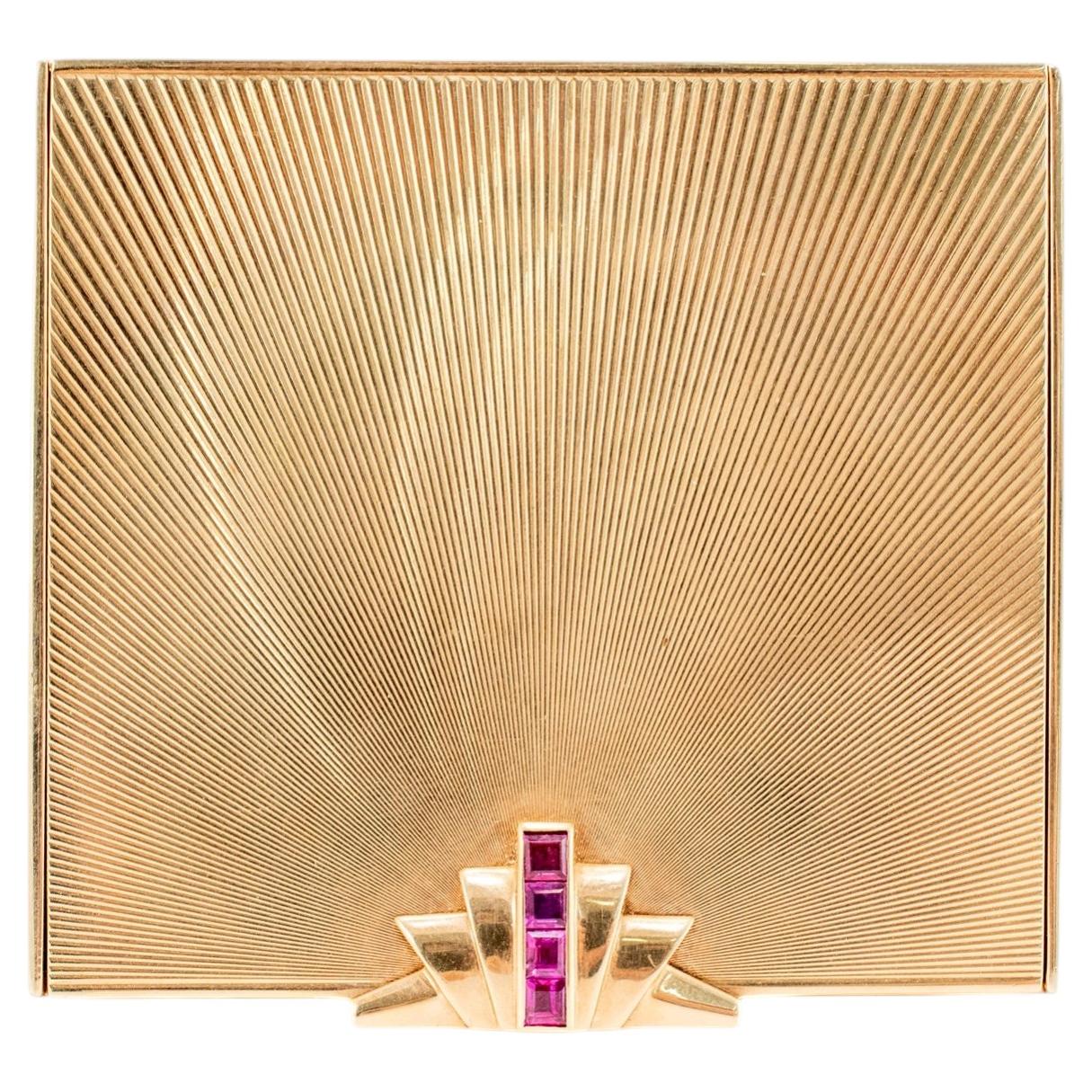 Vintage Tiffany & Co. 14K Yellow Gold Ruby Powder Case Compact Mirror Box