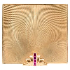 Vintage Tiffany & Co. 14K Yellow Gold Ruby Powder Case Compact Mirror Box