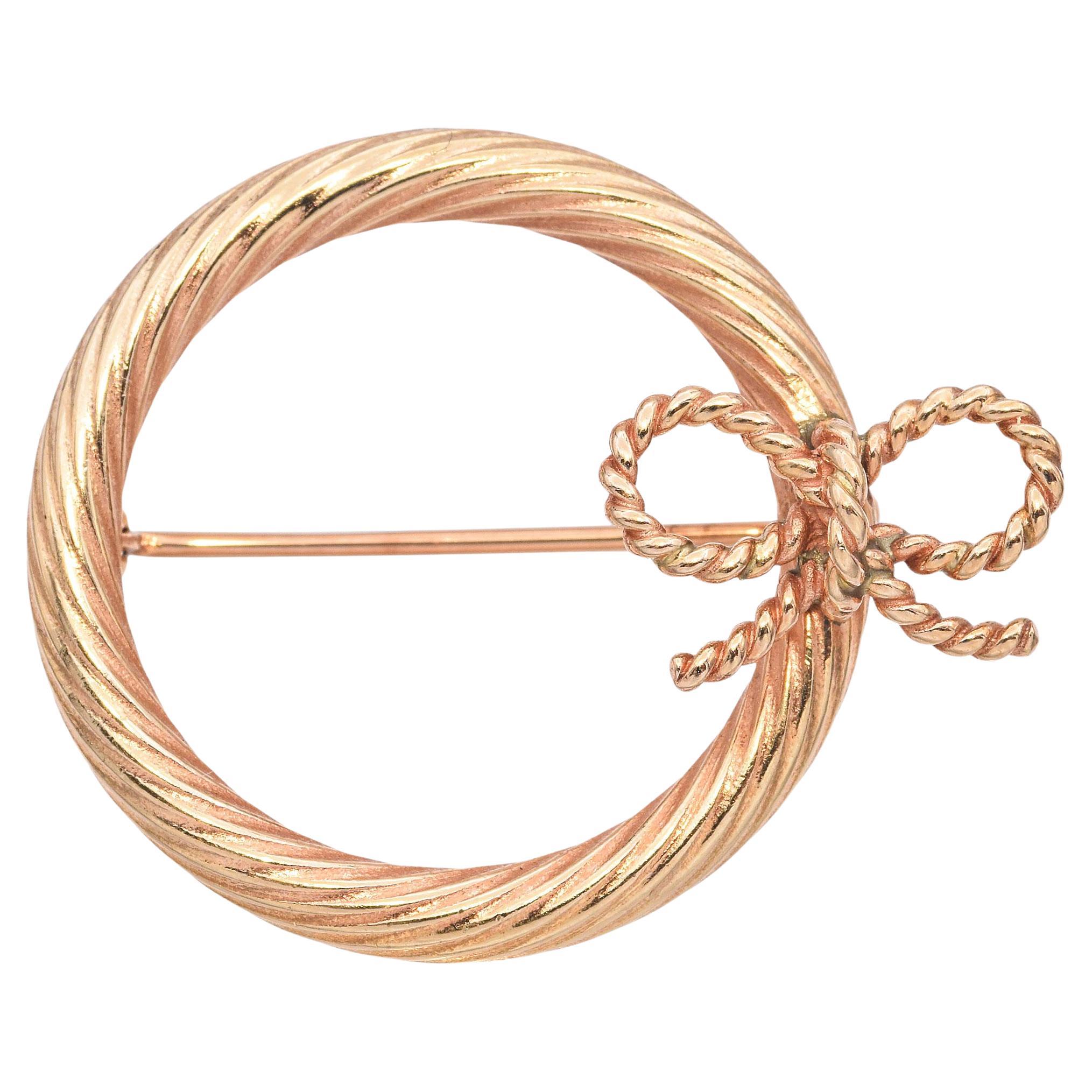 Vintage Tiffany & Co. 14k Yellow Gold Wreath with Bow Brooch Pin