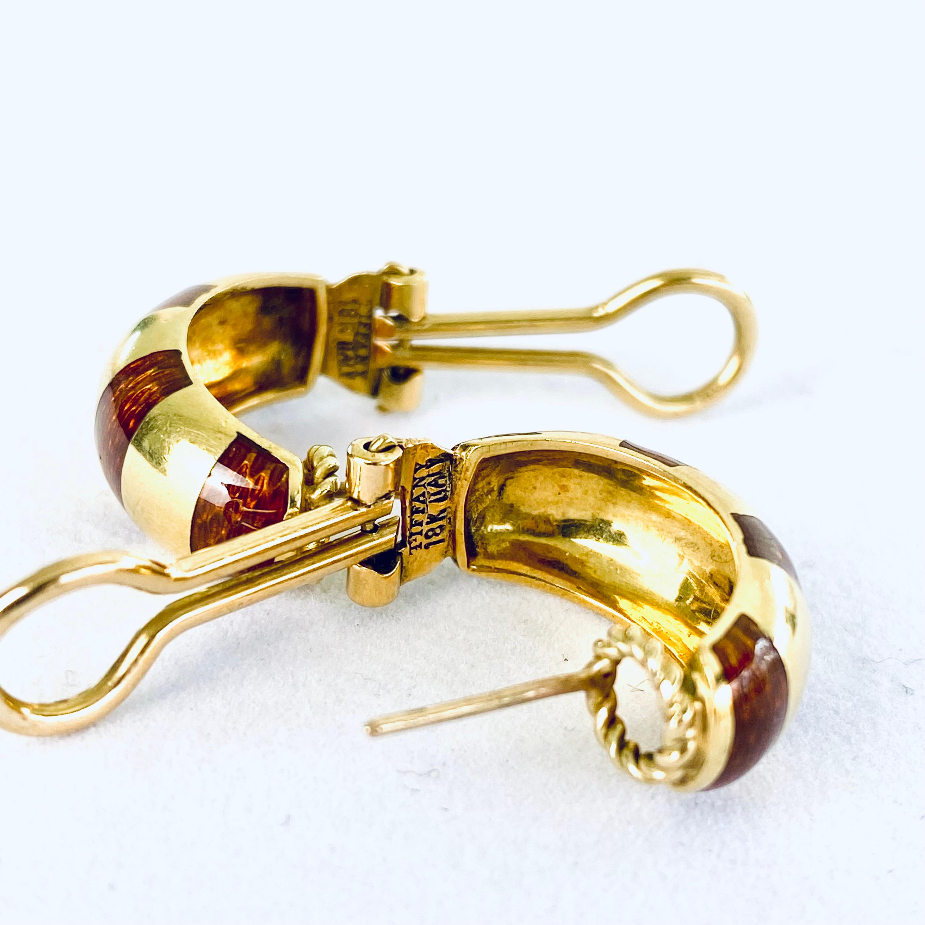 Vintage Tiffany Co 18 Karat Gold Reifen Brown Guilloche Emaille 0,90 Zoll Ohrringe 5