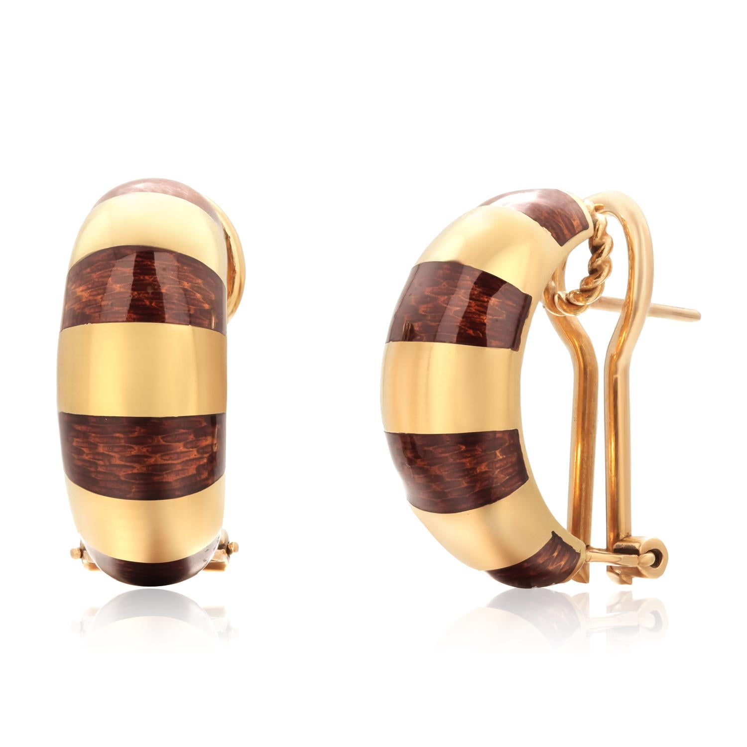 Vintage Tiffany Co 18 Karat Gold Hoop Brown Guilloche Enamel 0.90 Inch Earrings For Sale 5