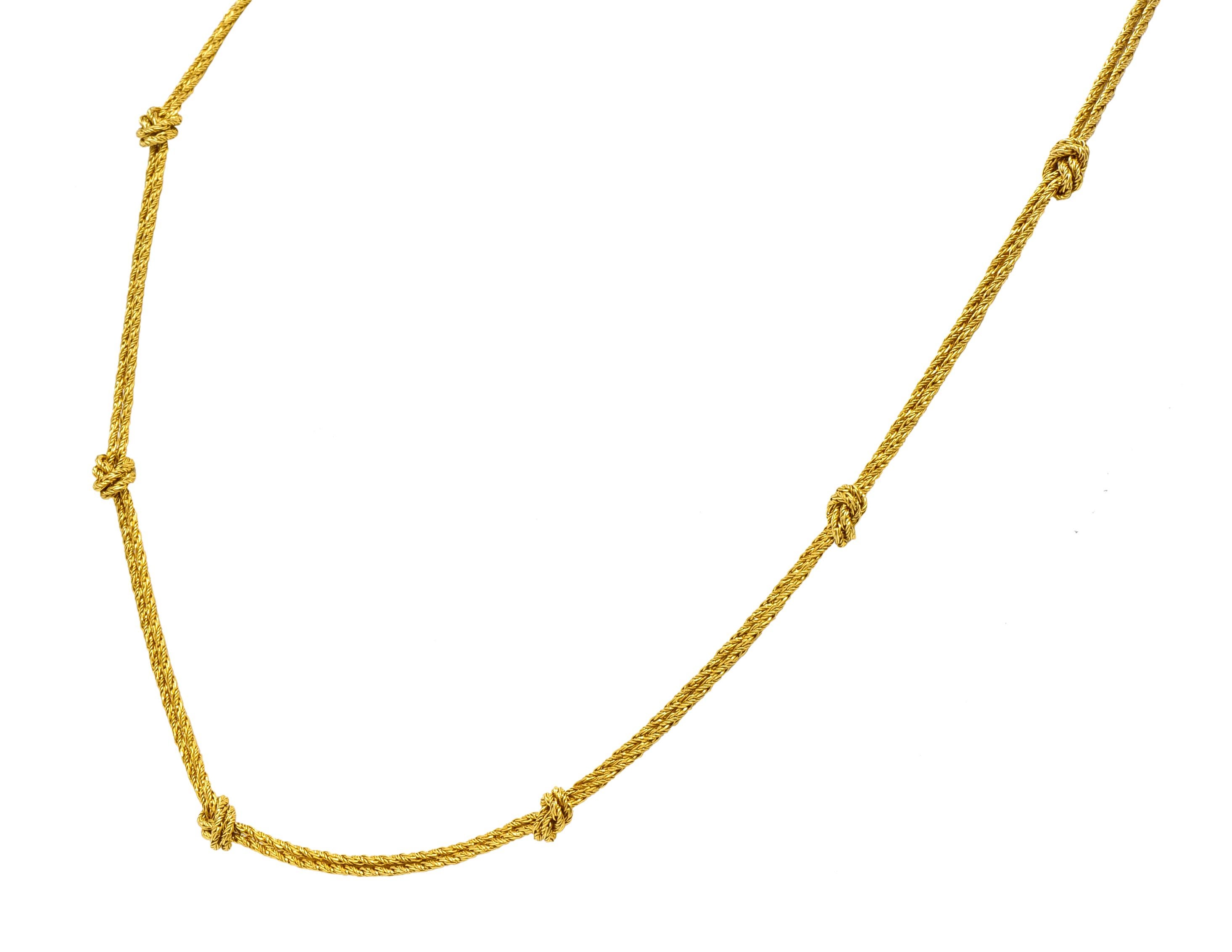 Necklace designed as two strands of wheat chain with eleven knotted stations

Beautiful antiqued finish and completed by spring ring clasp

Fully signed Tiffany & Co. Germany

Stamped 750 for 18 karat gold

Length: 24 inch

Width: 1/4 inch

Total