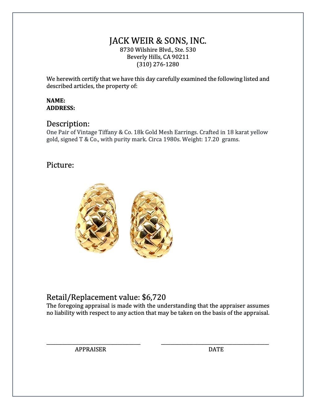 Vintage Tiffany & Co. 18 Karat Gold Mesh Earrings 3