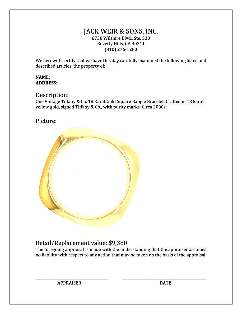 Women's or Men's Vintage Tiffany & Co. 18 Karat Gold Square Bangle Bracelet