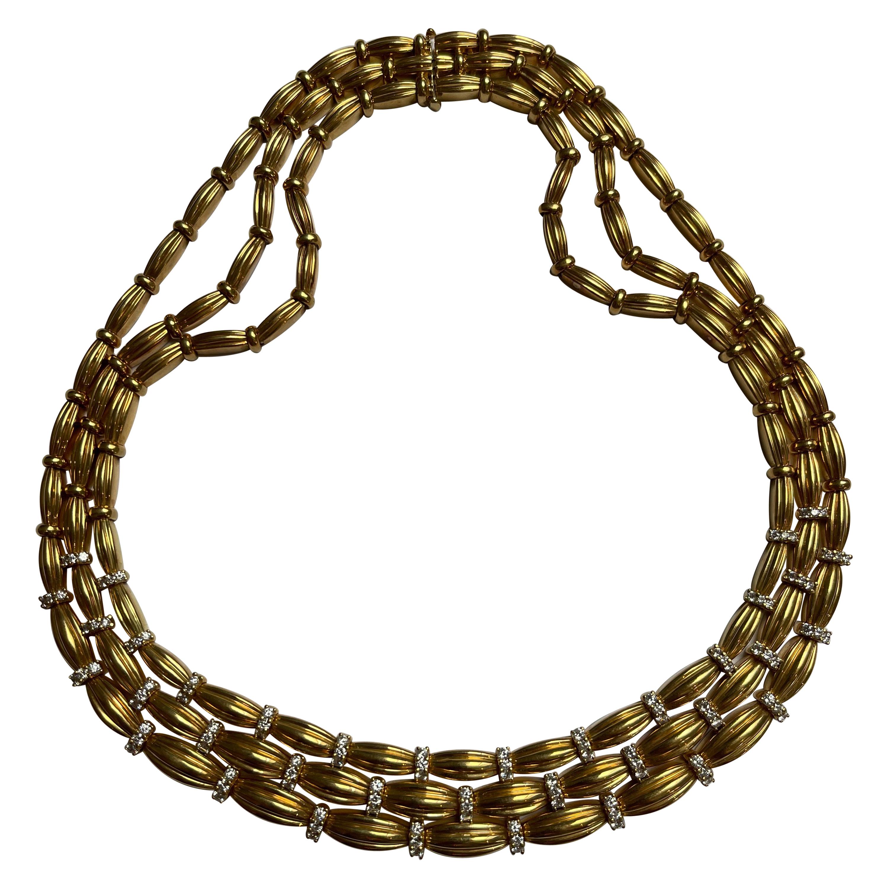 Vintage Tiffany & Co. 18 Karat Yellow Gold and Diamond Three Row Necklace For Sale
