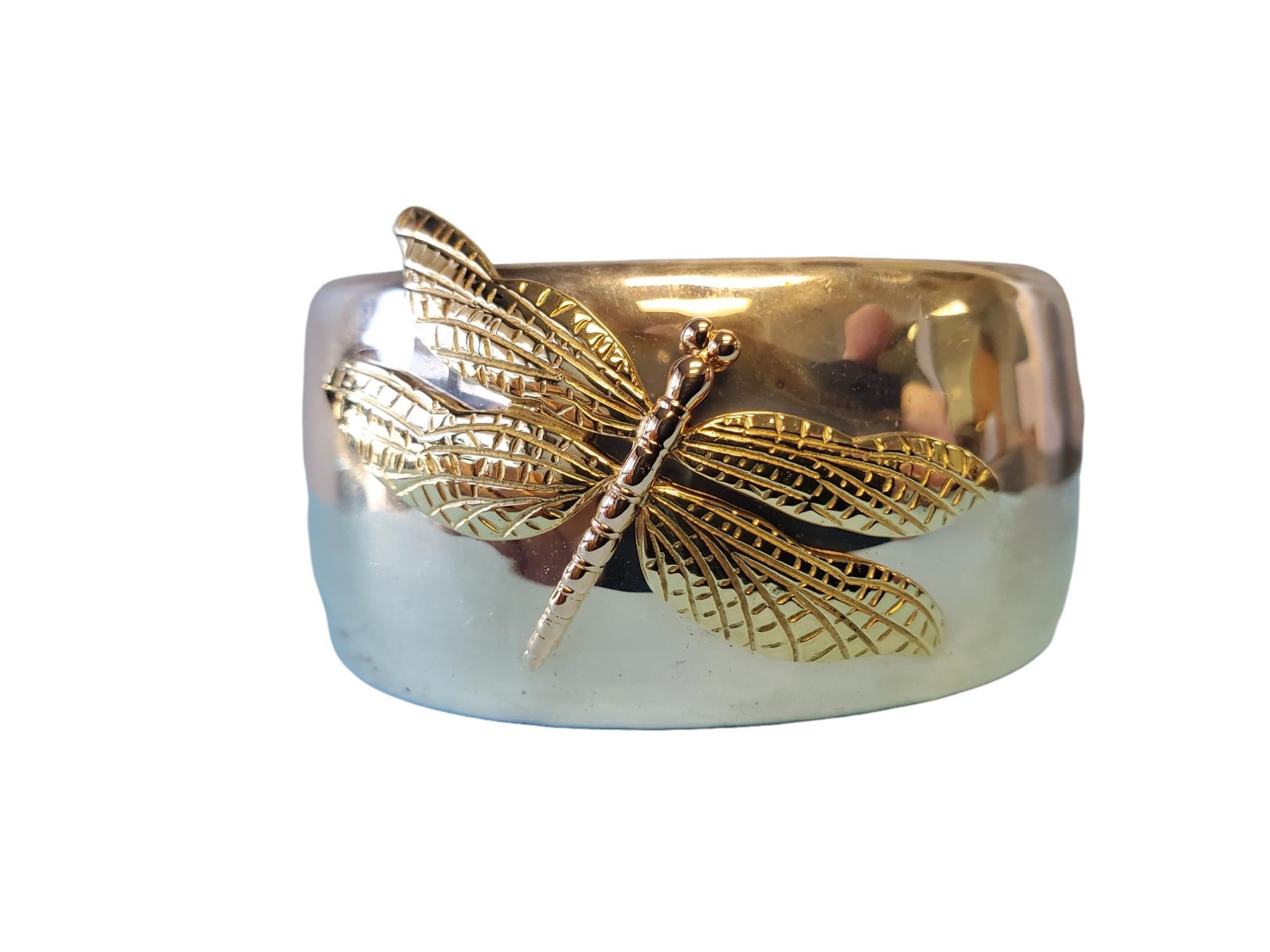 Vintage TIFFANY & CO. 18K Dragonfly Tri-Color Gold Sterling Cuff Bracelet For Sale 2