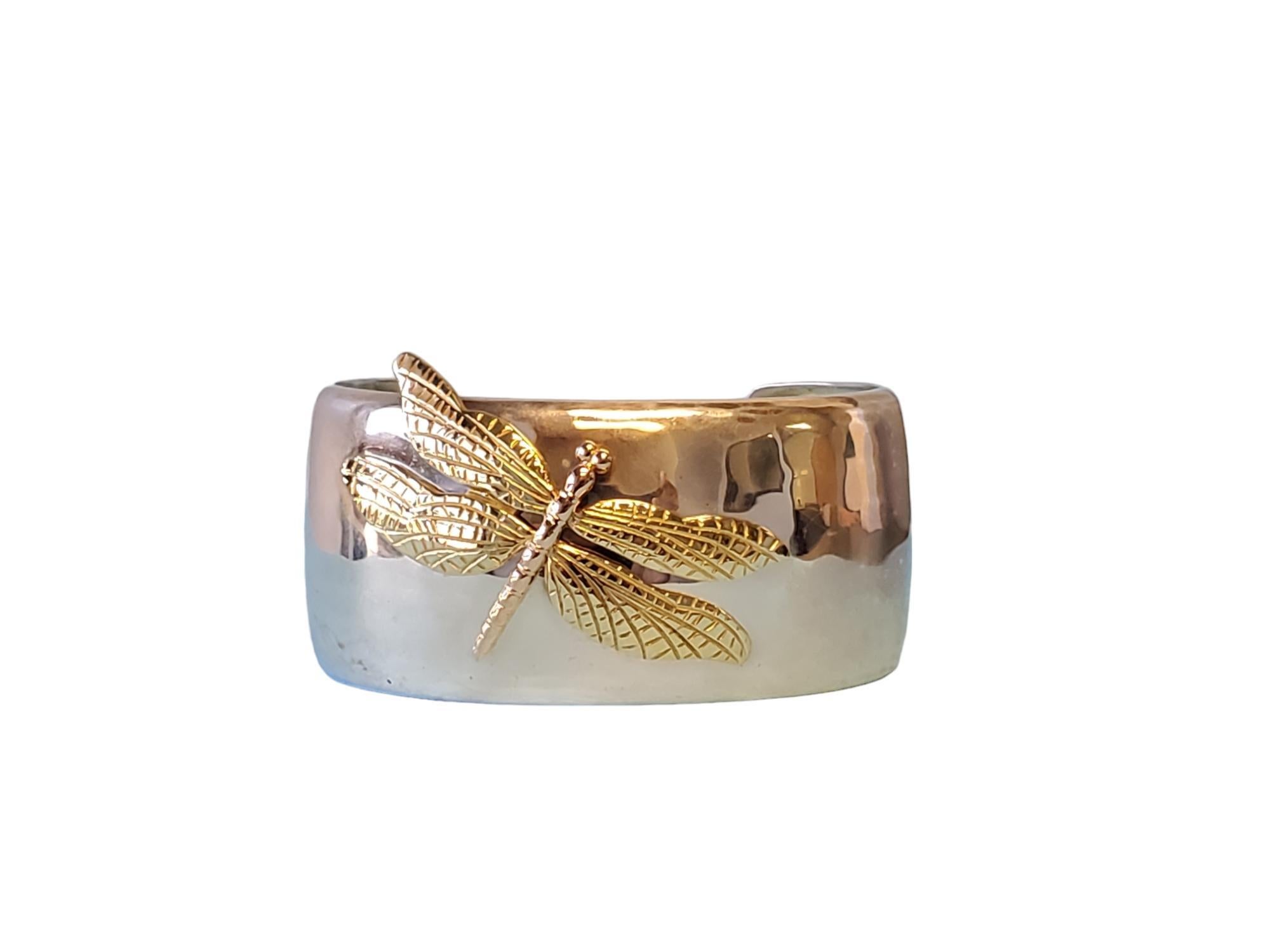 Vintage TIFFANY & CO. 18K Dragonfly Tri-Color Gold Sterling Cuff Bracelet For Sale 1