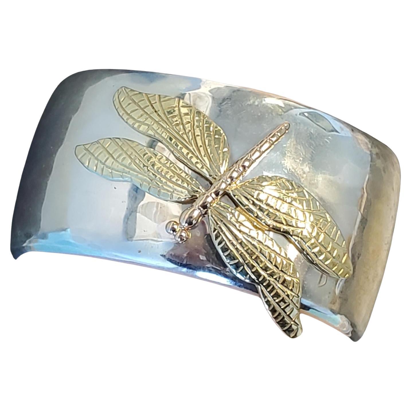 Vintage TIFFANY & CO. 18K Dragonfly Tri-Color Gold Sterling Cuff Bracelet For Sale