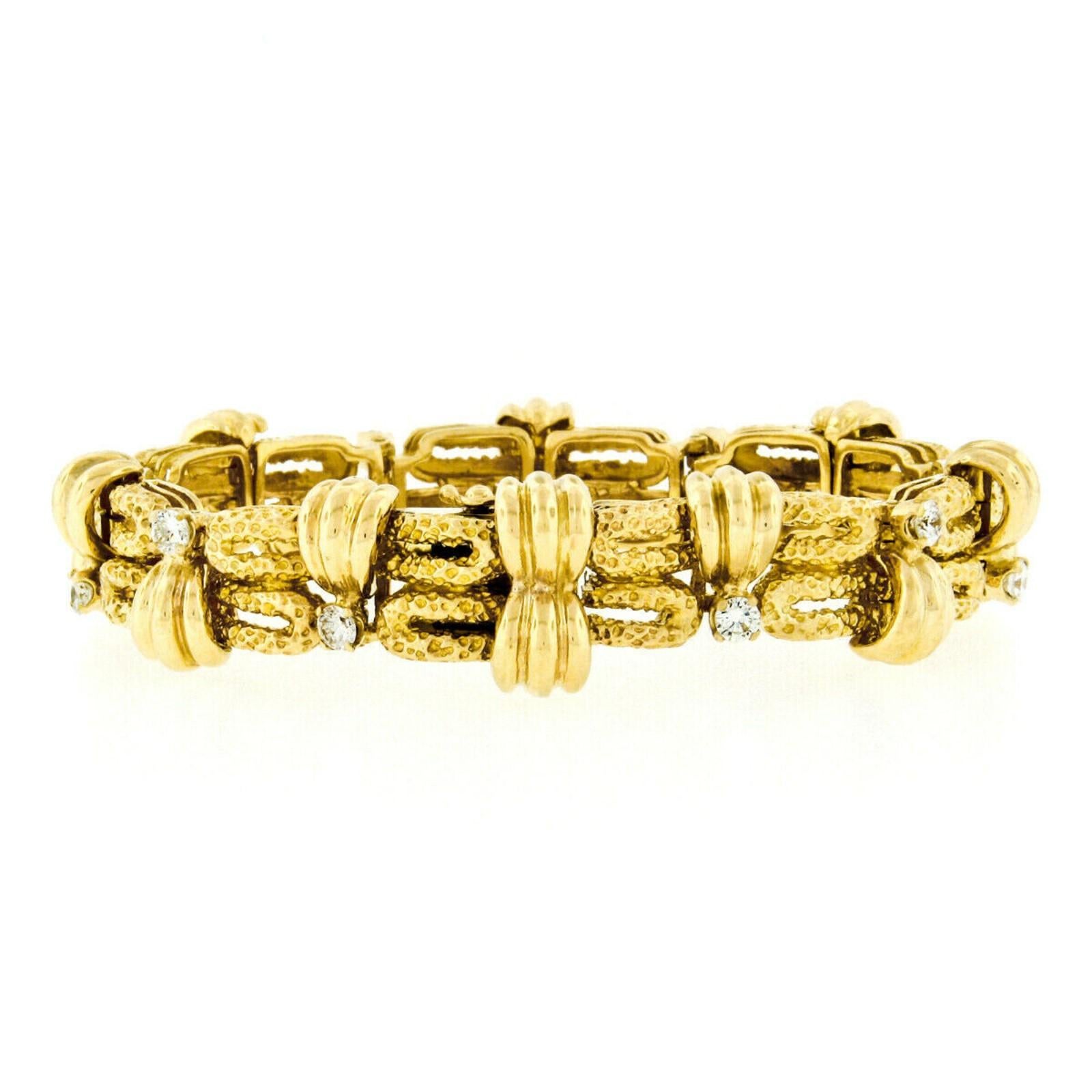 Tiffany & Co. 18 Karat Gold 1.95 Carat Diamond Wide Textured Statement Bracelet In Good Condition In Montclair, NJ