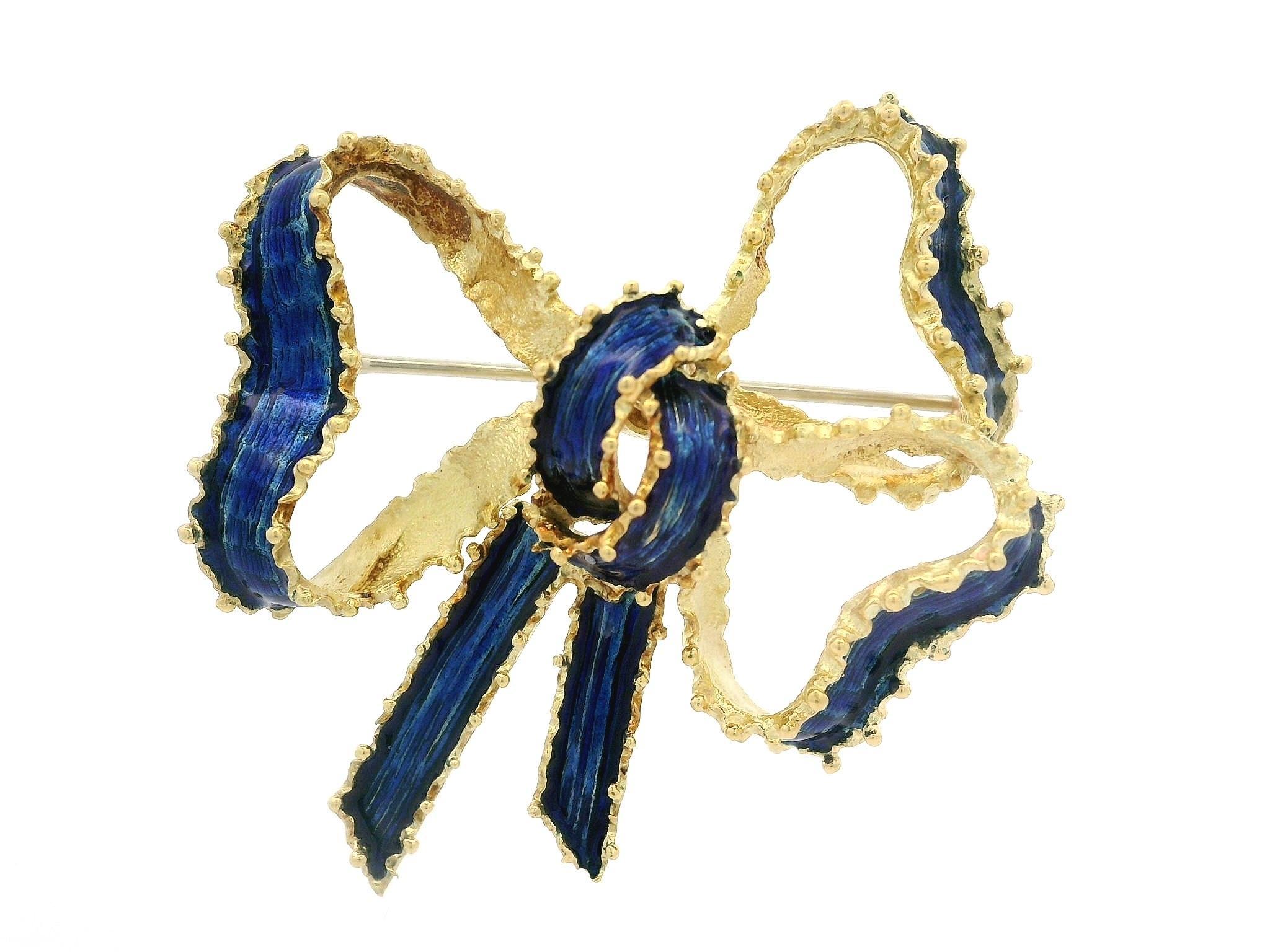 Vintage Tiffany & Co. 18k Gold Blue Enamel Work Textured Ribbon Bow Pin Brooch For Sale 6