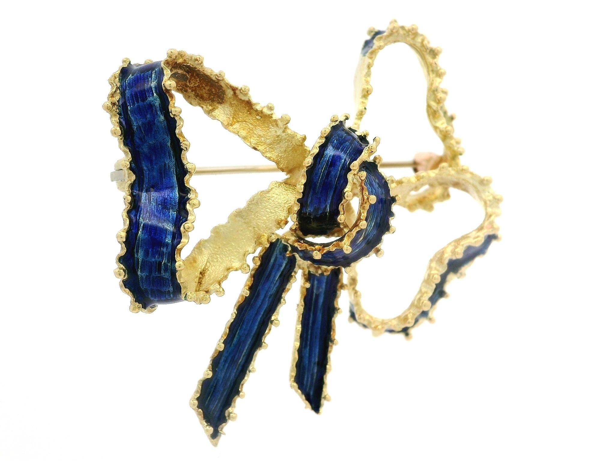 Vintage Tiffany & Co. 18k Gold Blue Enamel Work Textured Ribbon Bow Pin Brooch For Sale 7