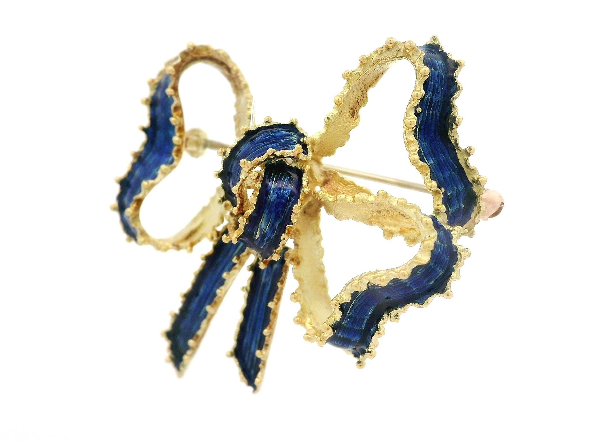 Vintage Tiffany & Co. 18k Gold Blue Enamel Work Textured Ribbon Bow Pin Brooch For Sale 8