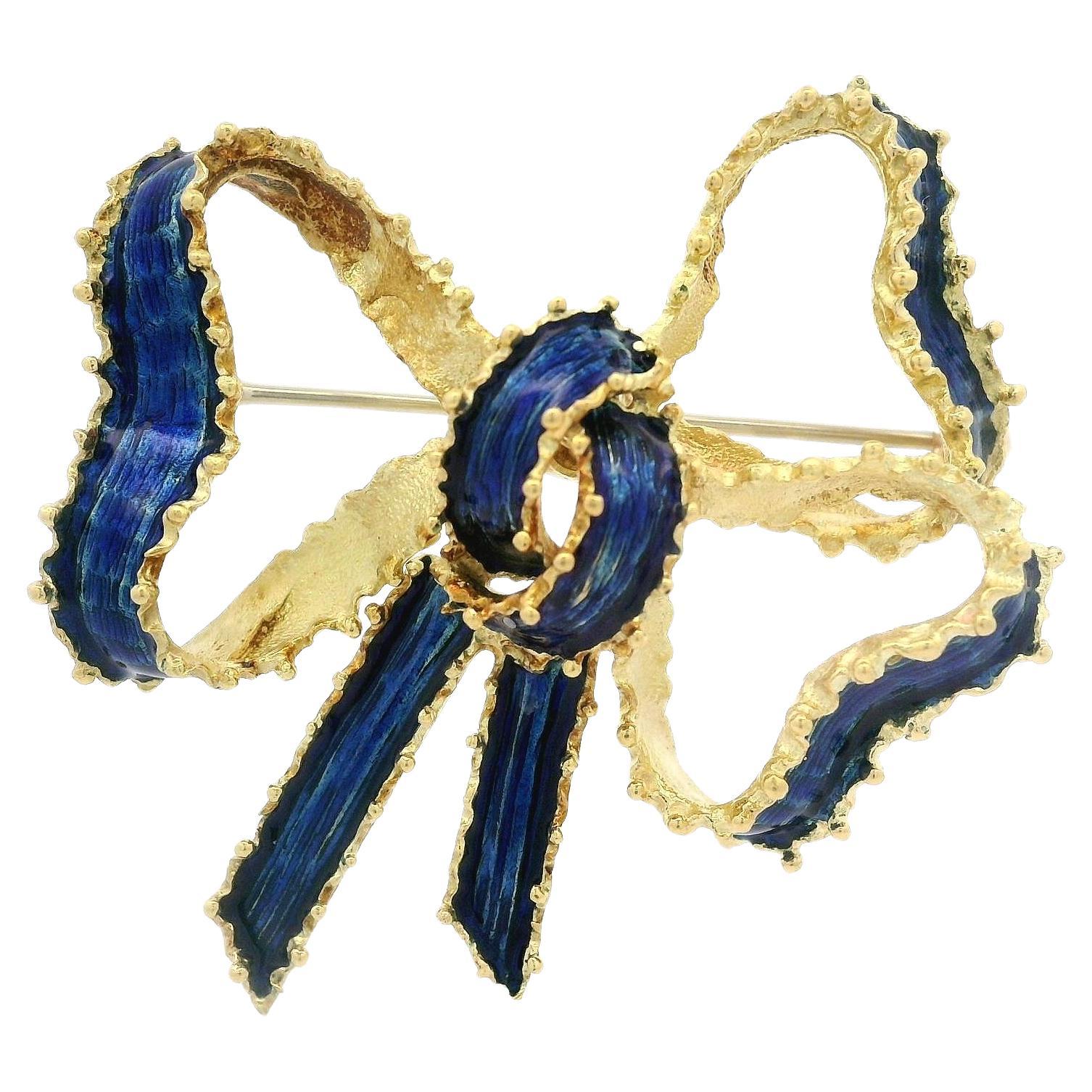 Vintage Tiffany & Co. 18k Gold Blue Enamel Work Textured Ribbon Bow Pin Brooch