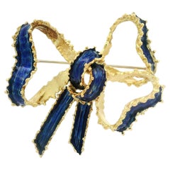 Vintage Tiffany & Co. 18k Gold Blue Enamel Work Textured Ribbon Bow Pin Brooch