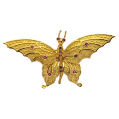 Vintage Tiffany & Co. 18K Gold Butterfly Brooch, Ruby & Sapphire, 1960s Italy