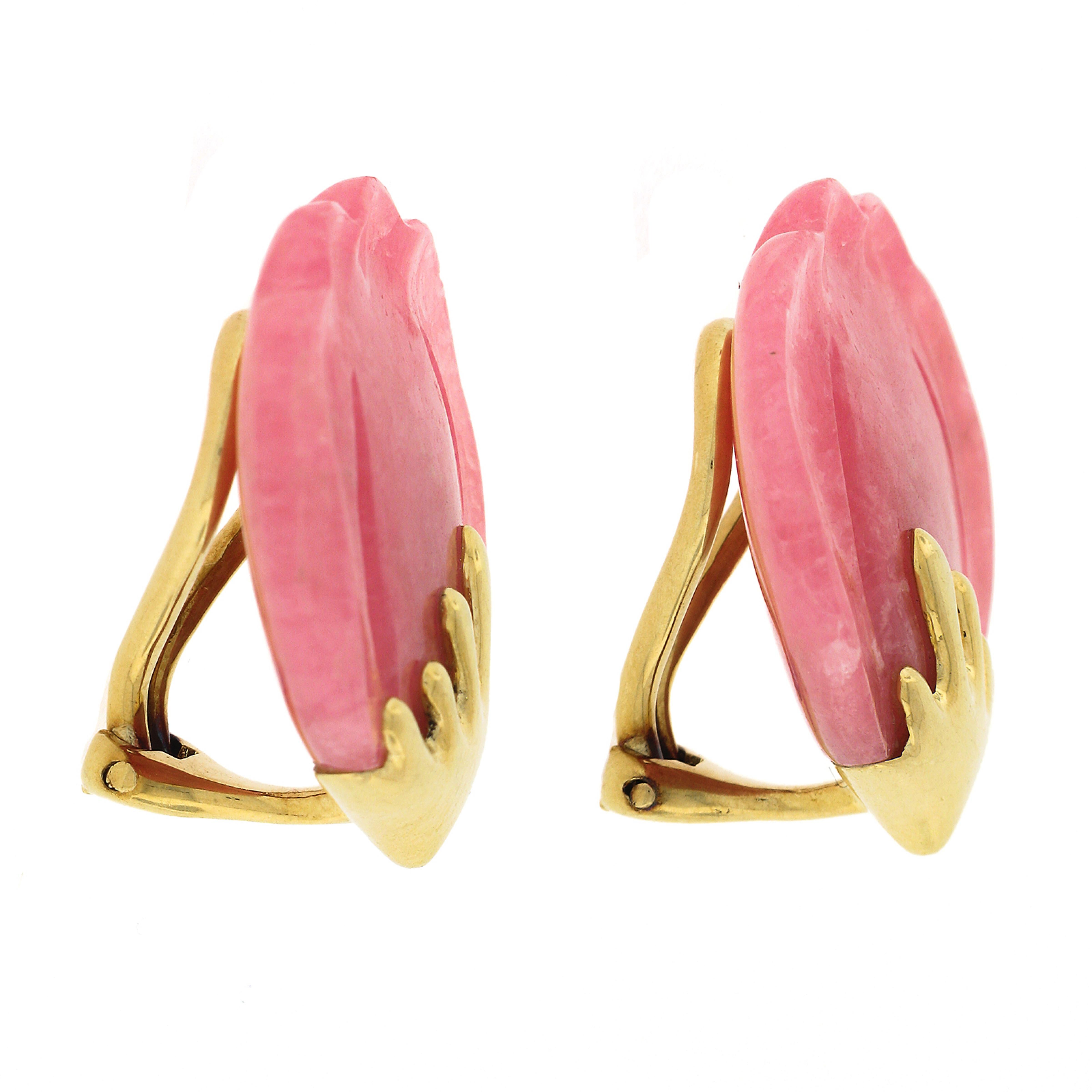 Tiffany & Co. Clips d'oreilles lotus vintage en or 18 carats avec pétales de rhodochrosite sculptés en vente 1
