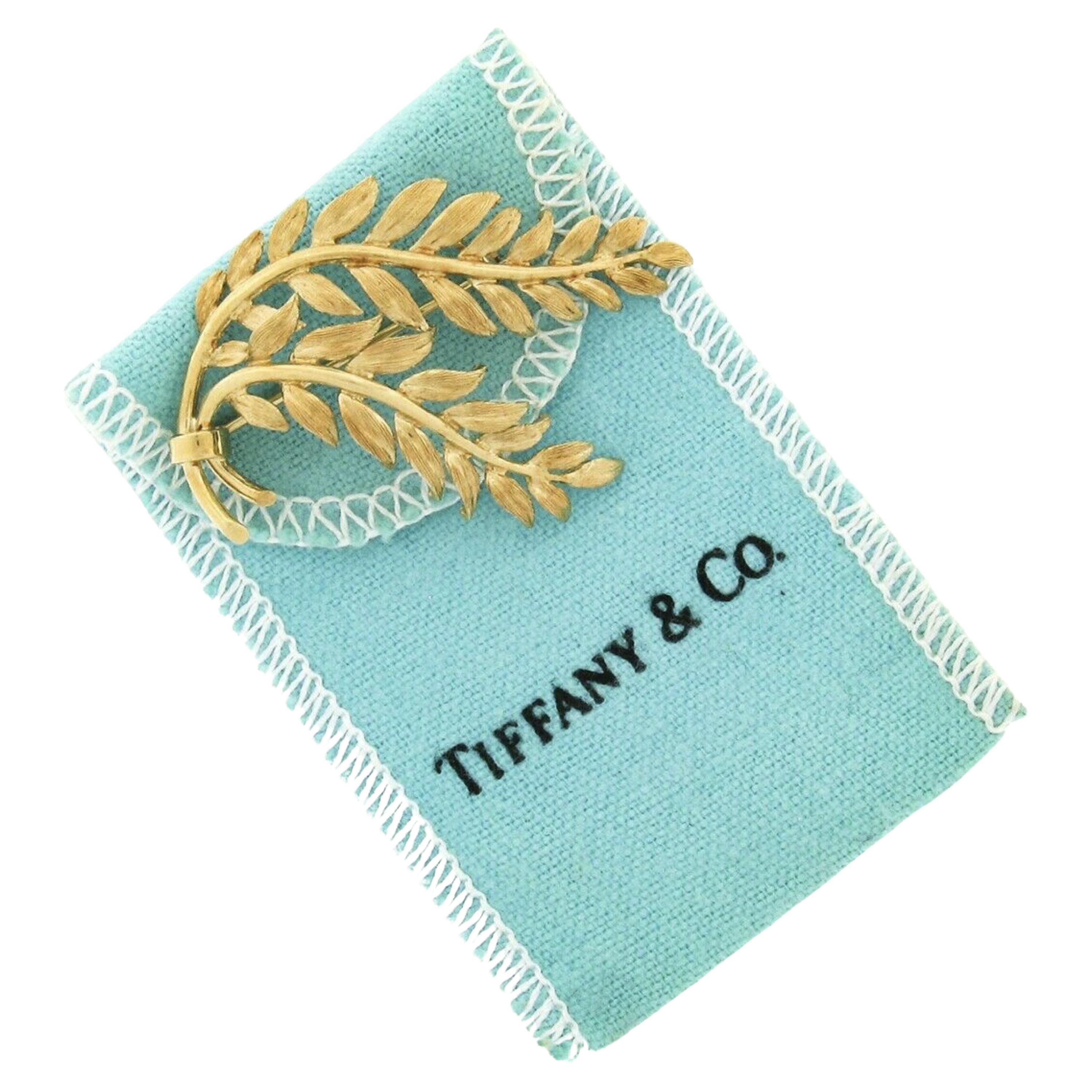 Vintage Tiffany & Co 18K Gold Detailed Textured Dual Fern Leaf Bundle Brooch Pin