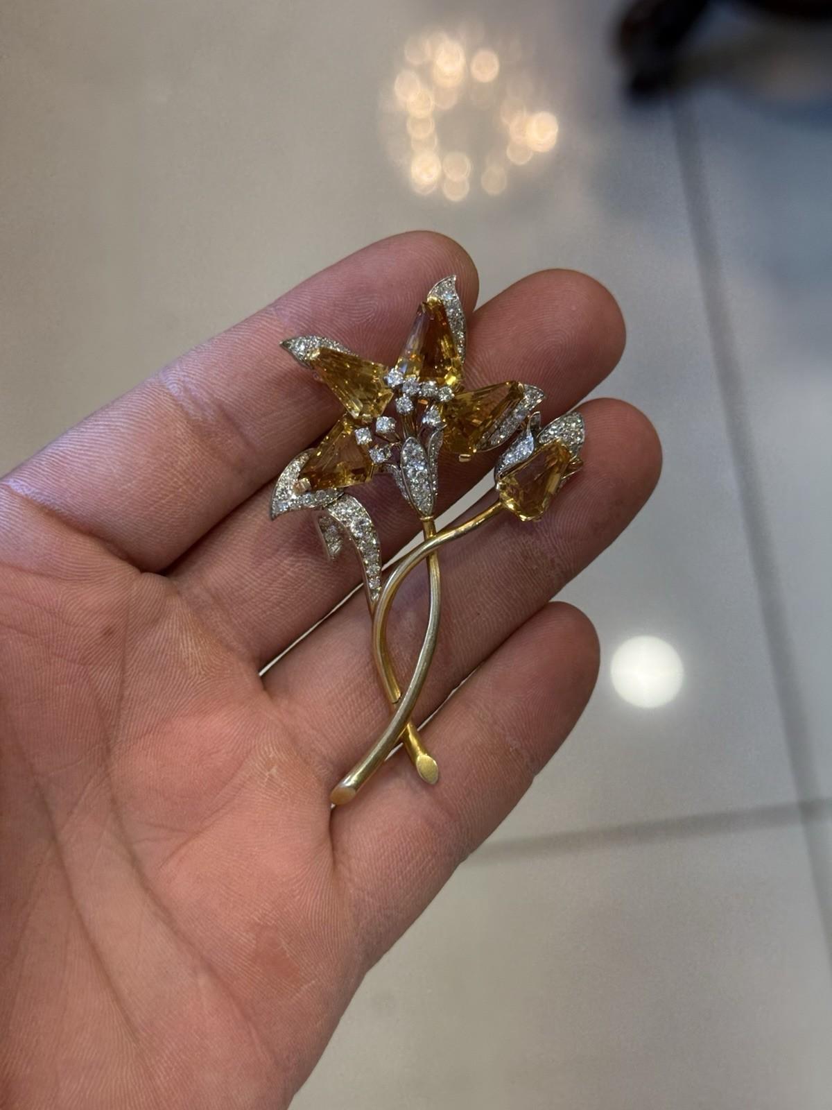 Vintage Tiffany & Co. 18K Gold, Diamond, and Citrine Flower Brooch For Sale 5