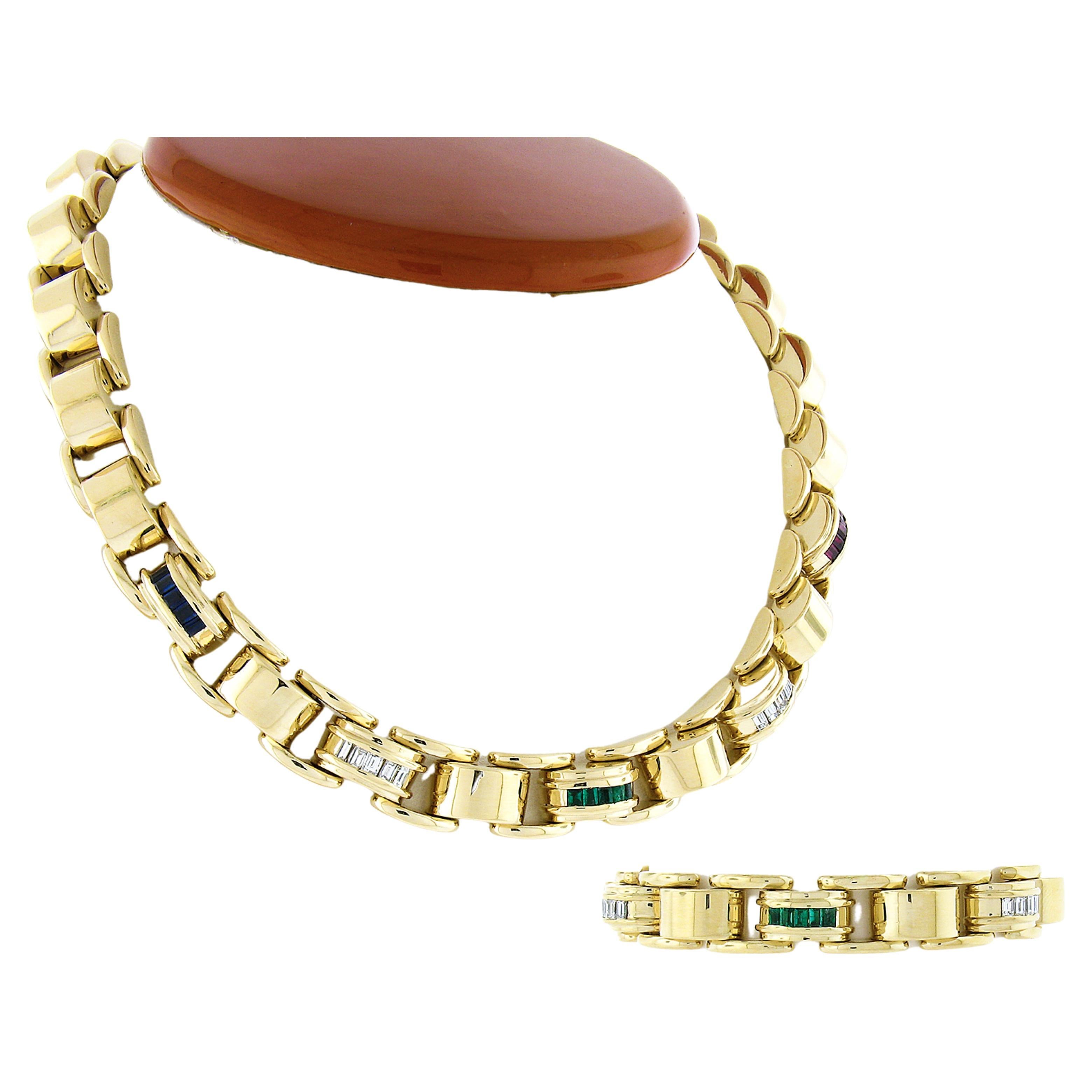 Vintage Tiffany & Co. 18k Gold Diamond Multi Gemstone Link Bracelet Necklace Set